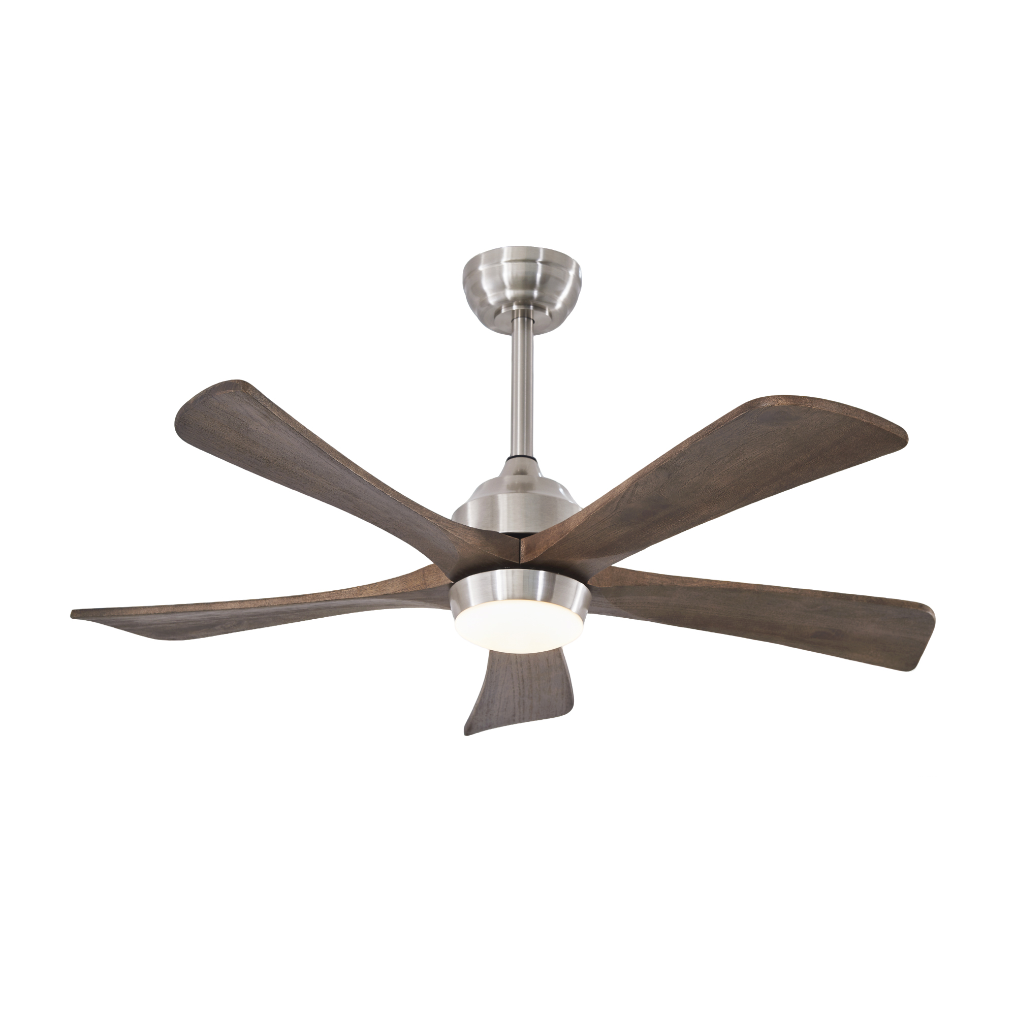 Ventilateur plafond 42" 5 pales bois, télécommande, moteur DC, nickel