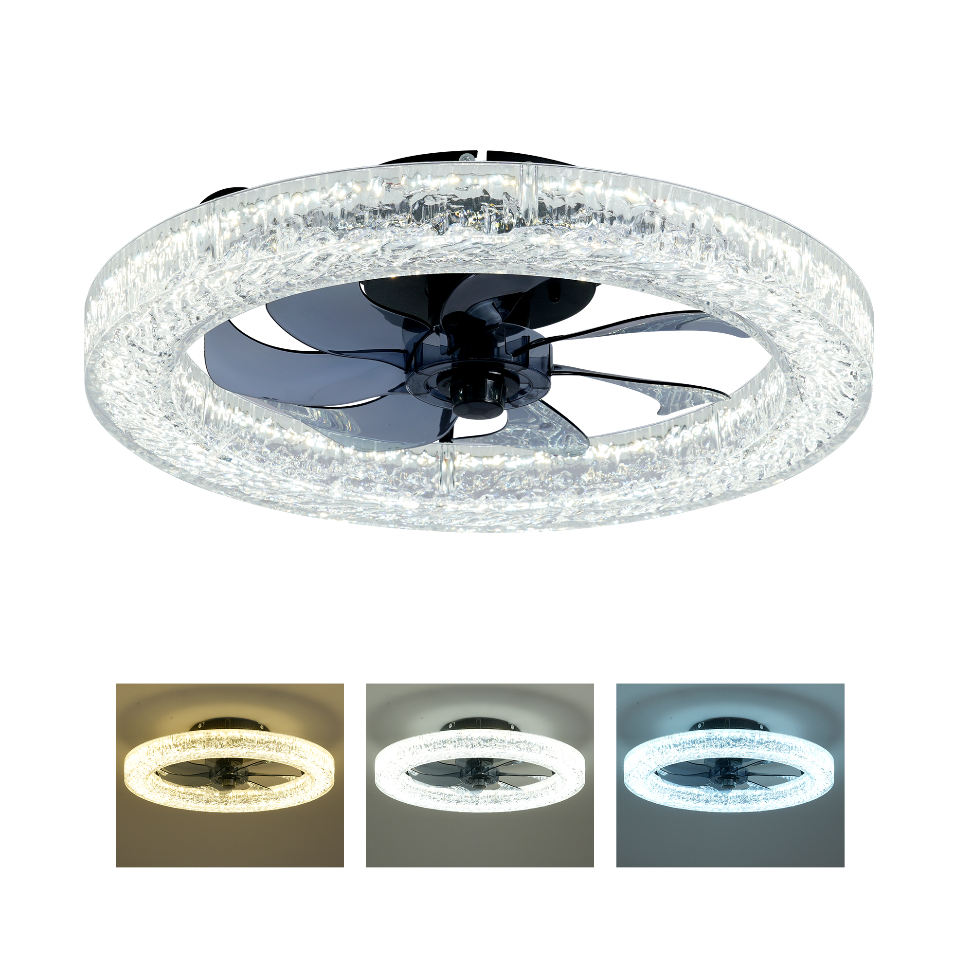 Ventilateur luminaire LED brique acrylique gradable 3000-6500K noir mat