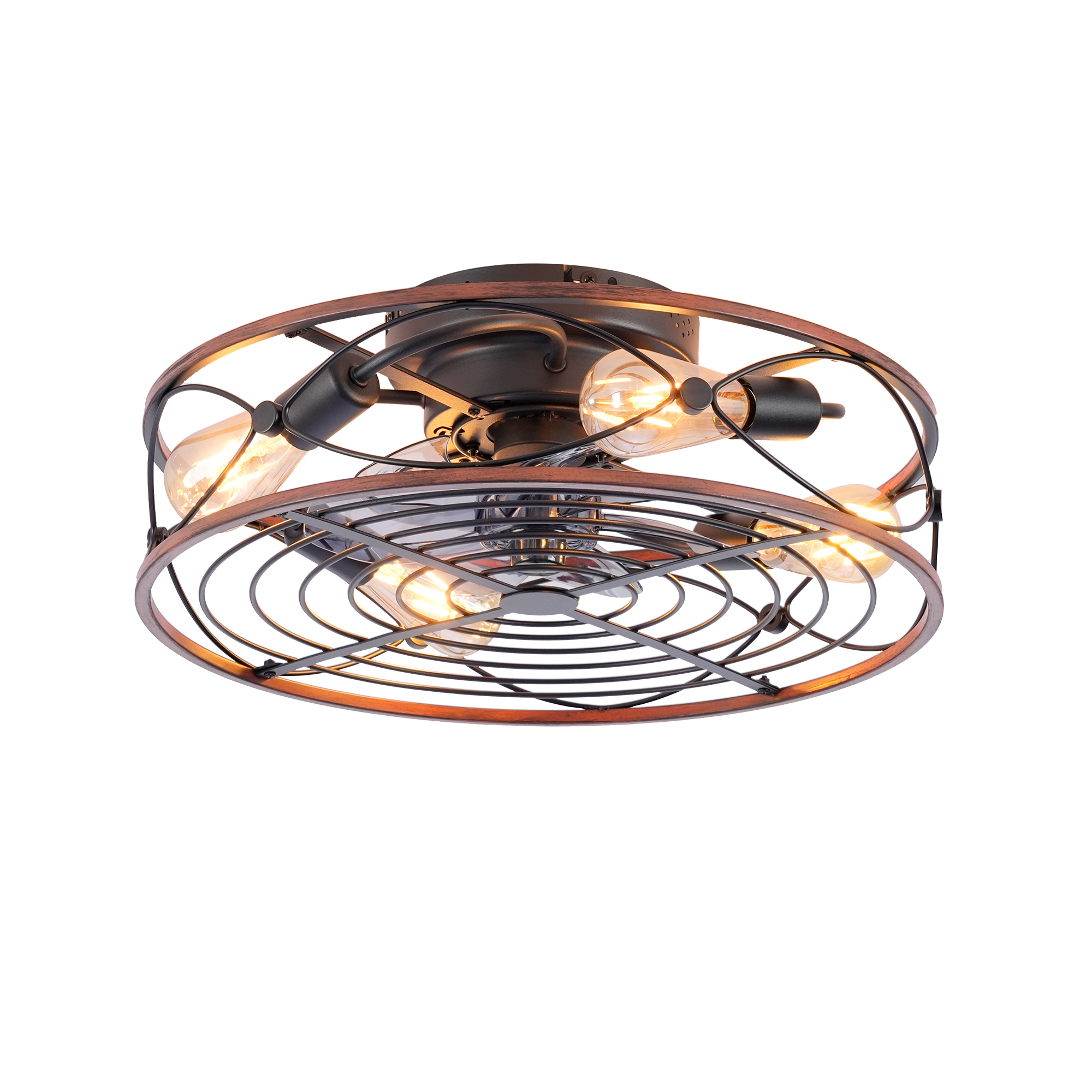 Ventilateur Plafond 20 po Cagé Lumières Télécommande Noir Bois Noyer