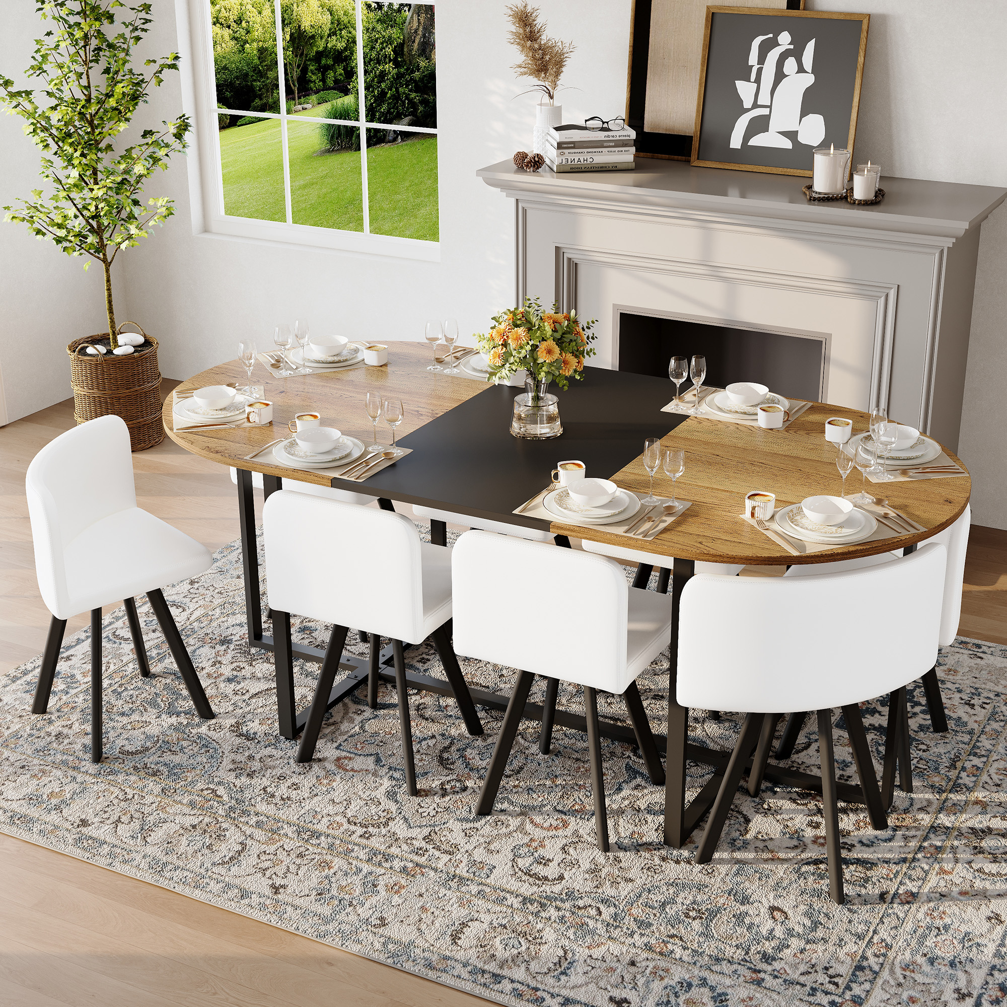 Ensemble table à manger 9 pièces ovale, 8 chaises cuir blanc