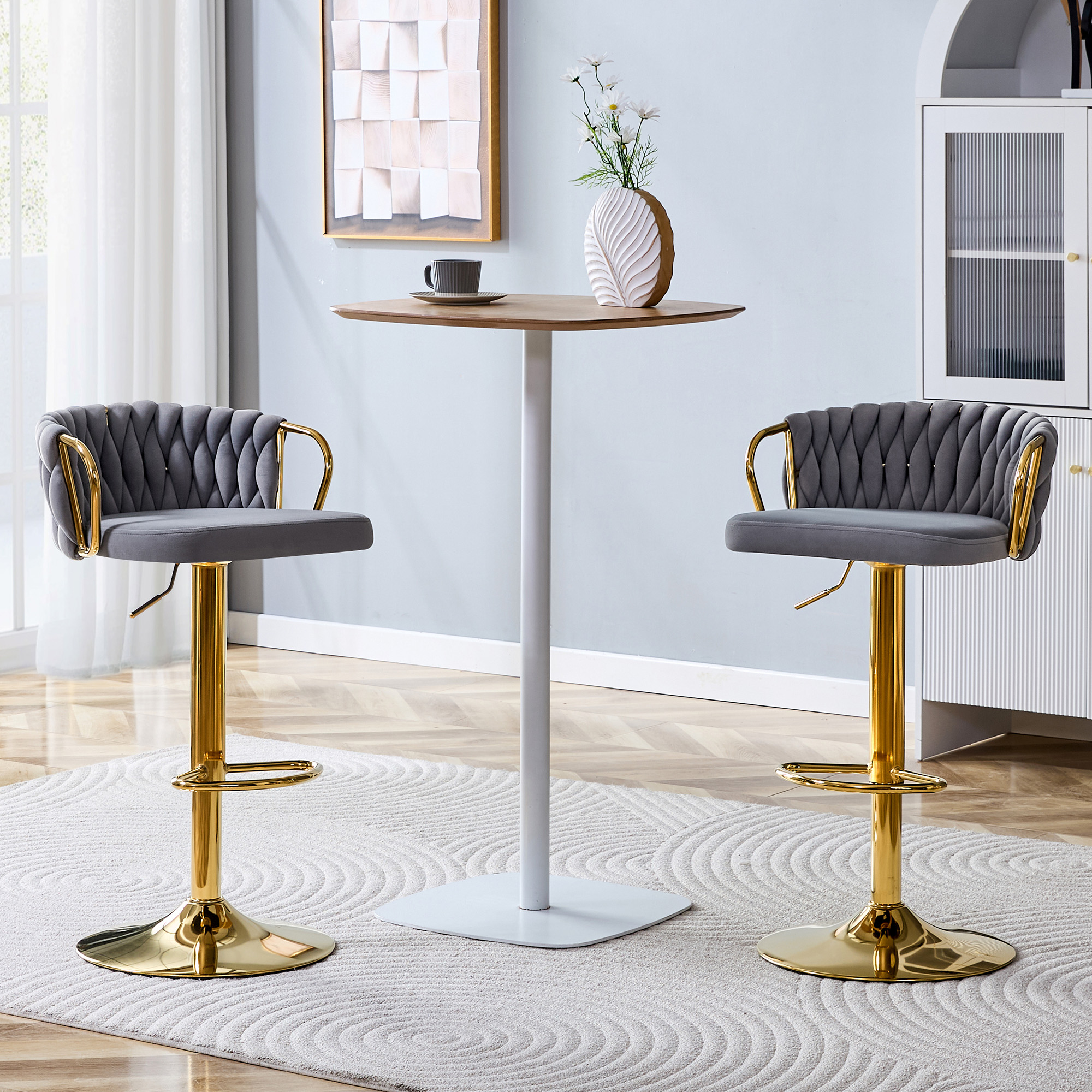 Ensemble 2 tabourets bar velours, hauteur ajustable, base or, gris