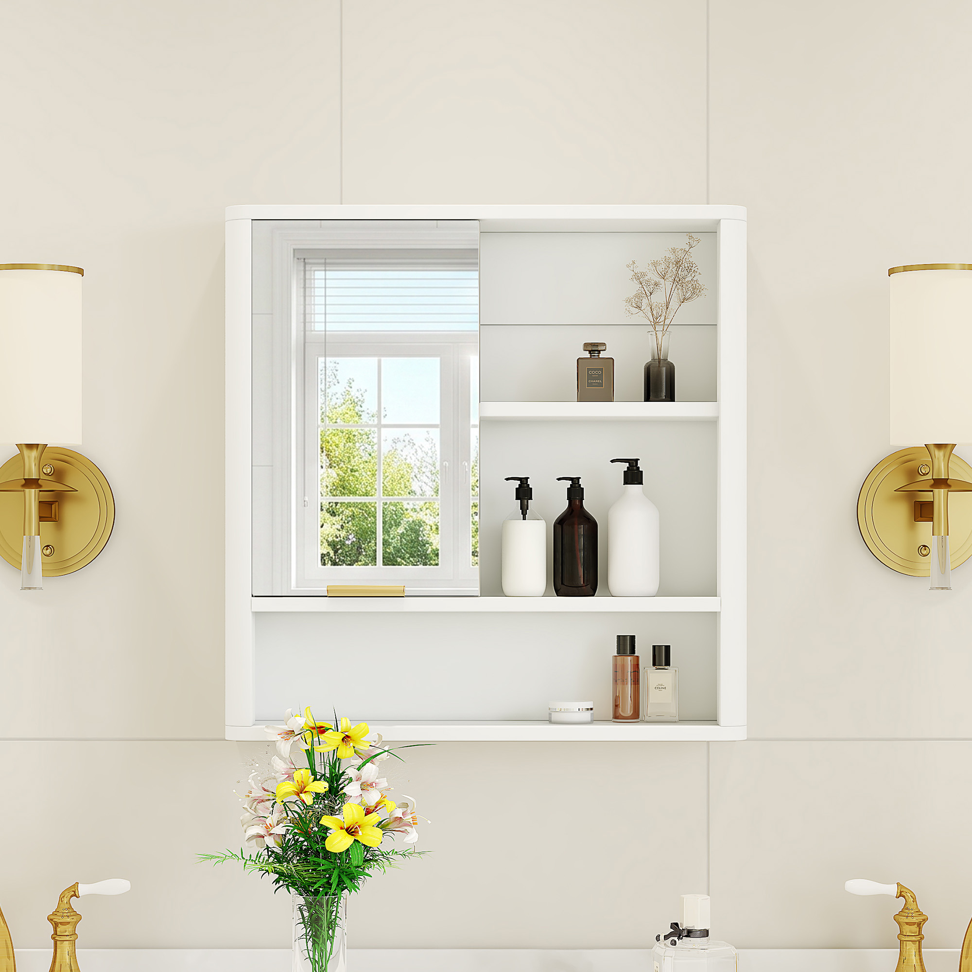 Armoire miroir salle bain blanc or tablettes