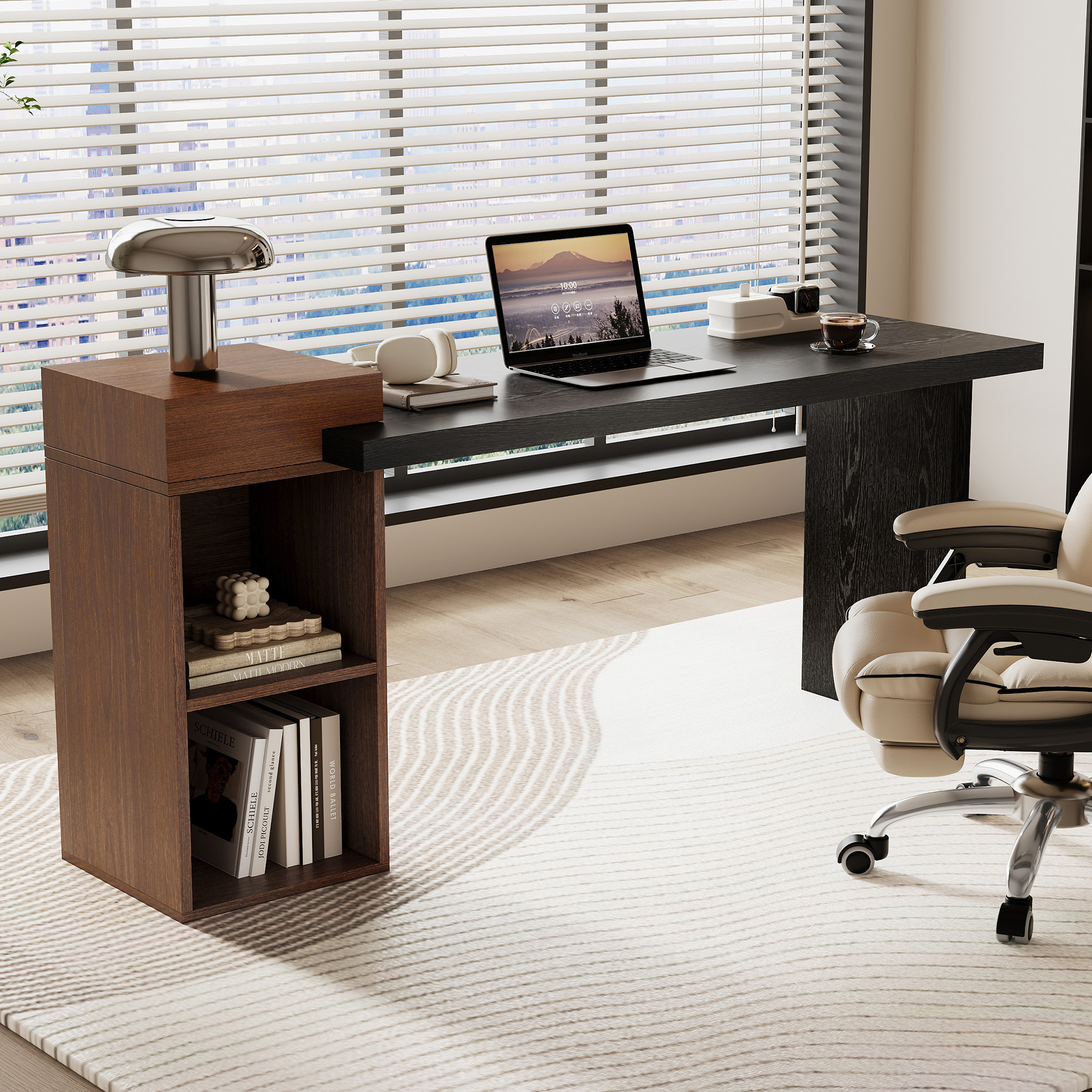 Table console bois grain 2 tons noir noyer tablettes