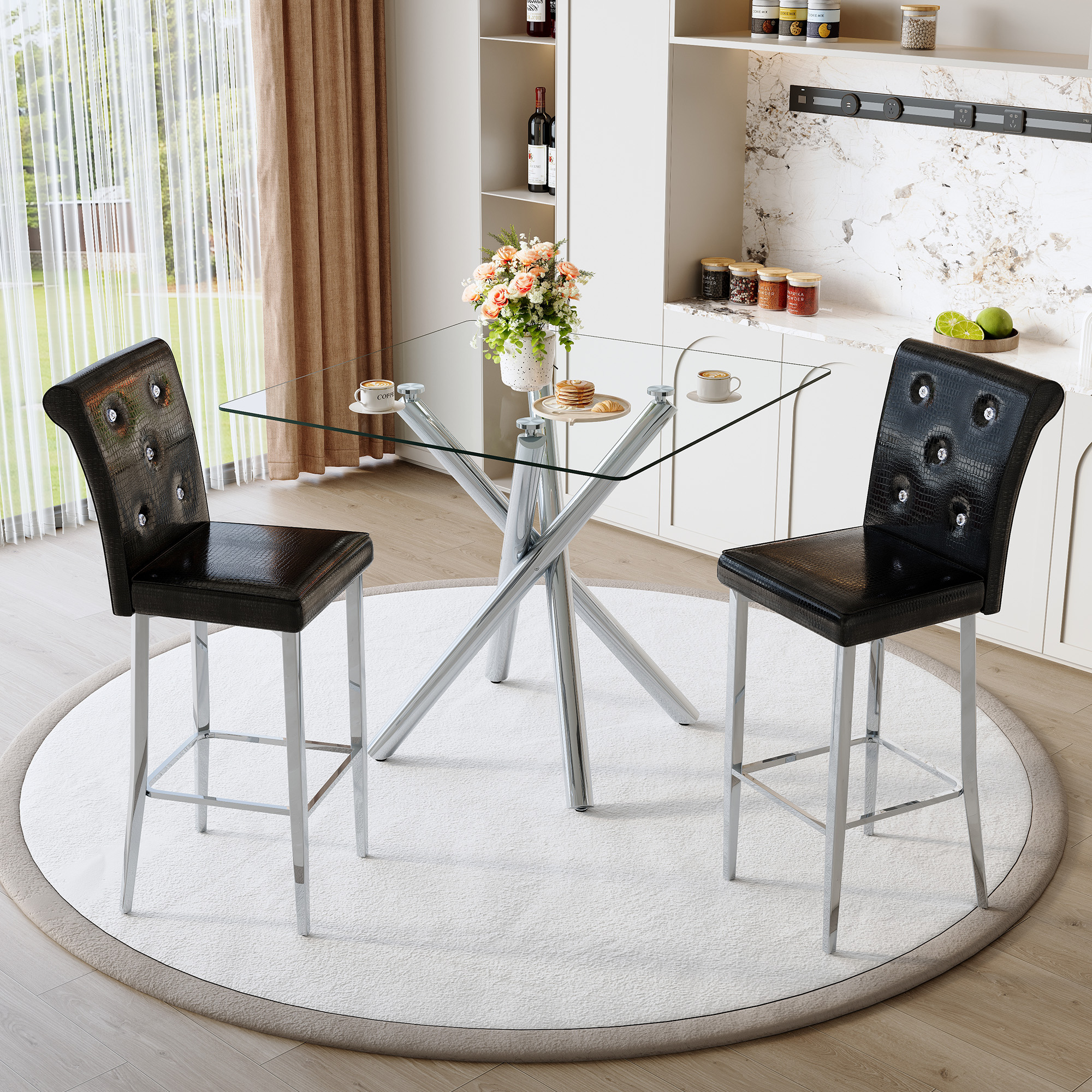 Ensemble table bar verre 2 tabourets chrome cuir noir