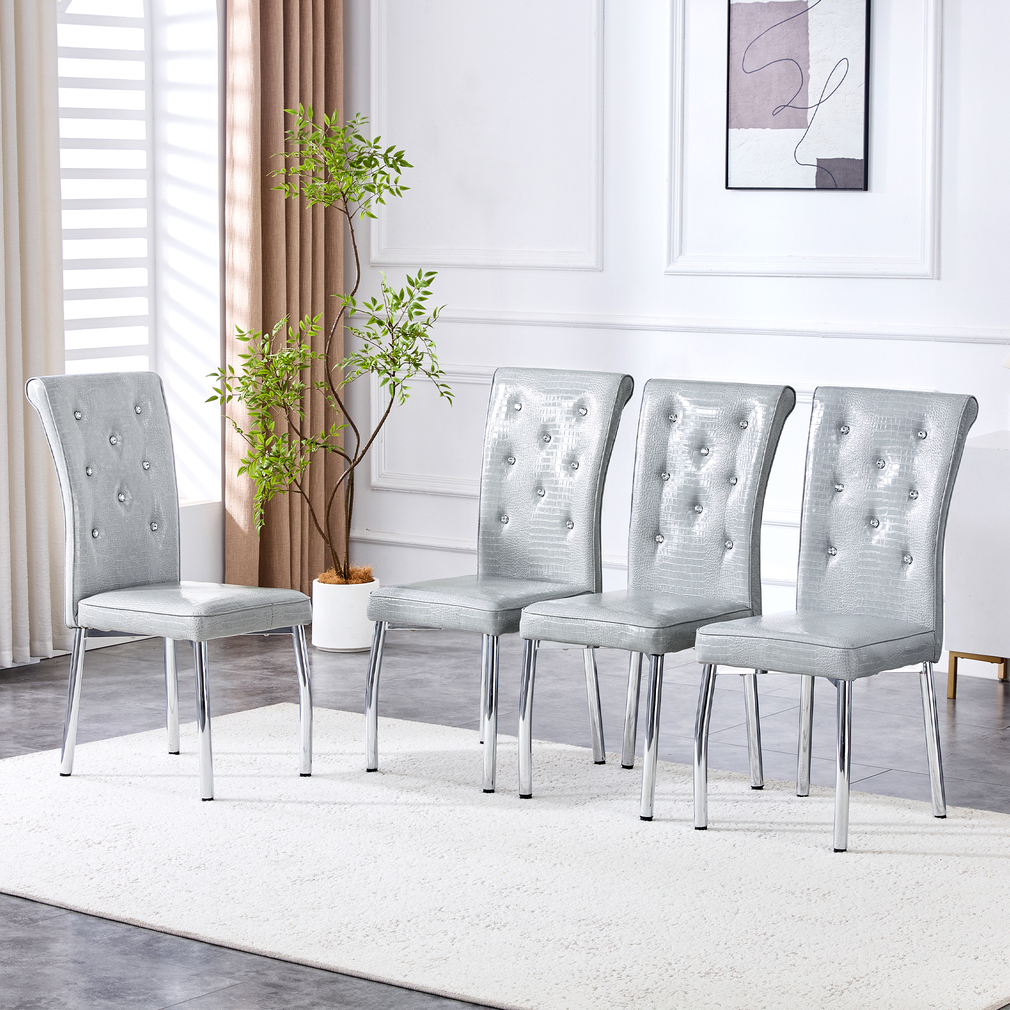 Ensemble 4 chaises salle à manger cuir crocodile gris argenté design cristal