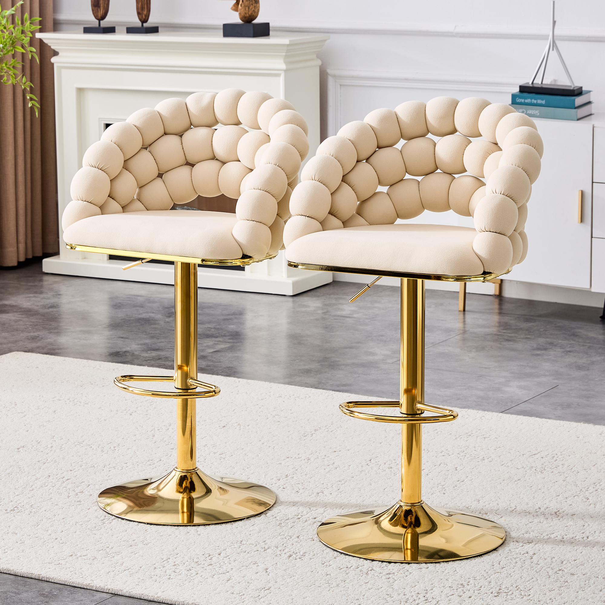 Ensemble 2 tabourets bar velours beige, chaîne dorée