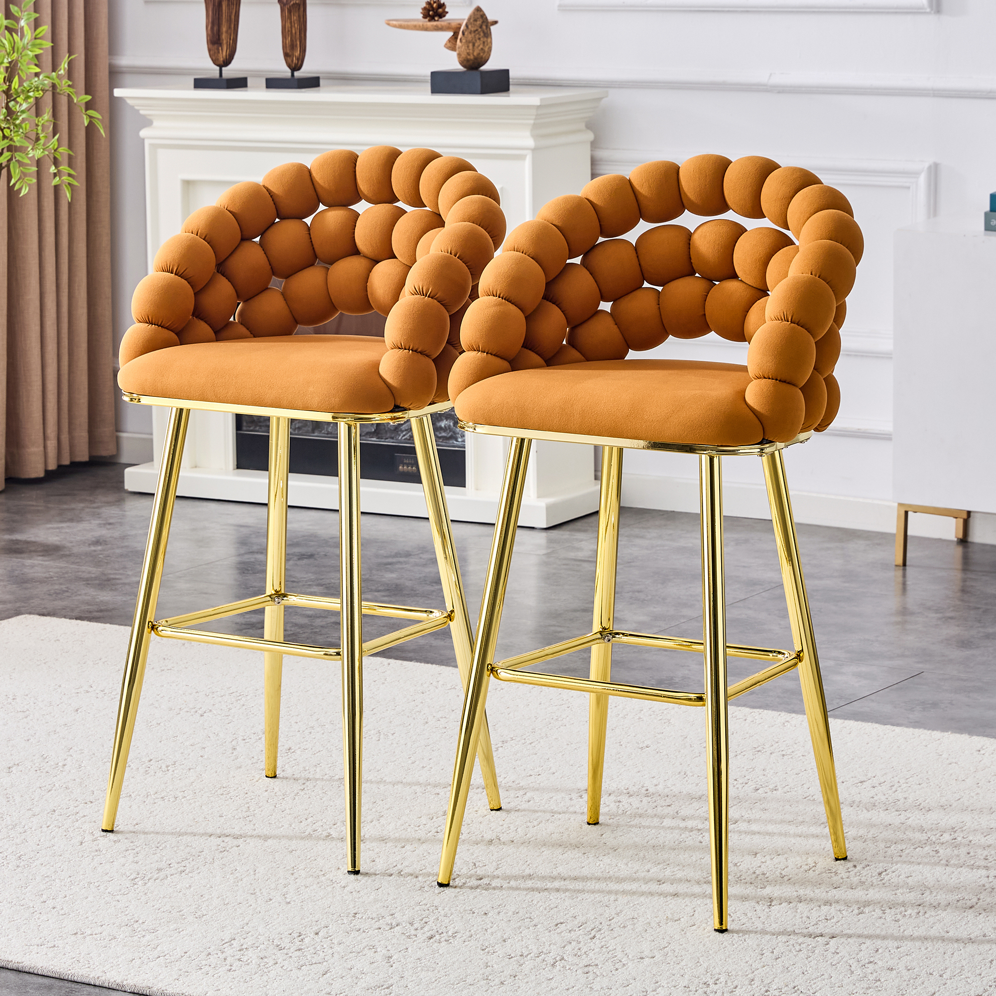 Ensemble 2 chaises bar velours orange, pieds doré moderne