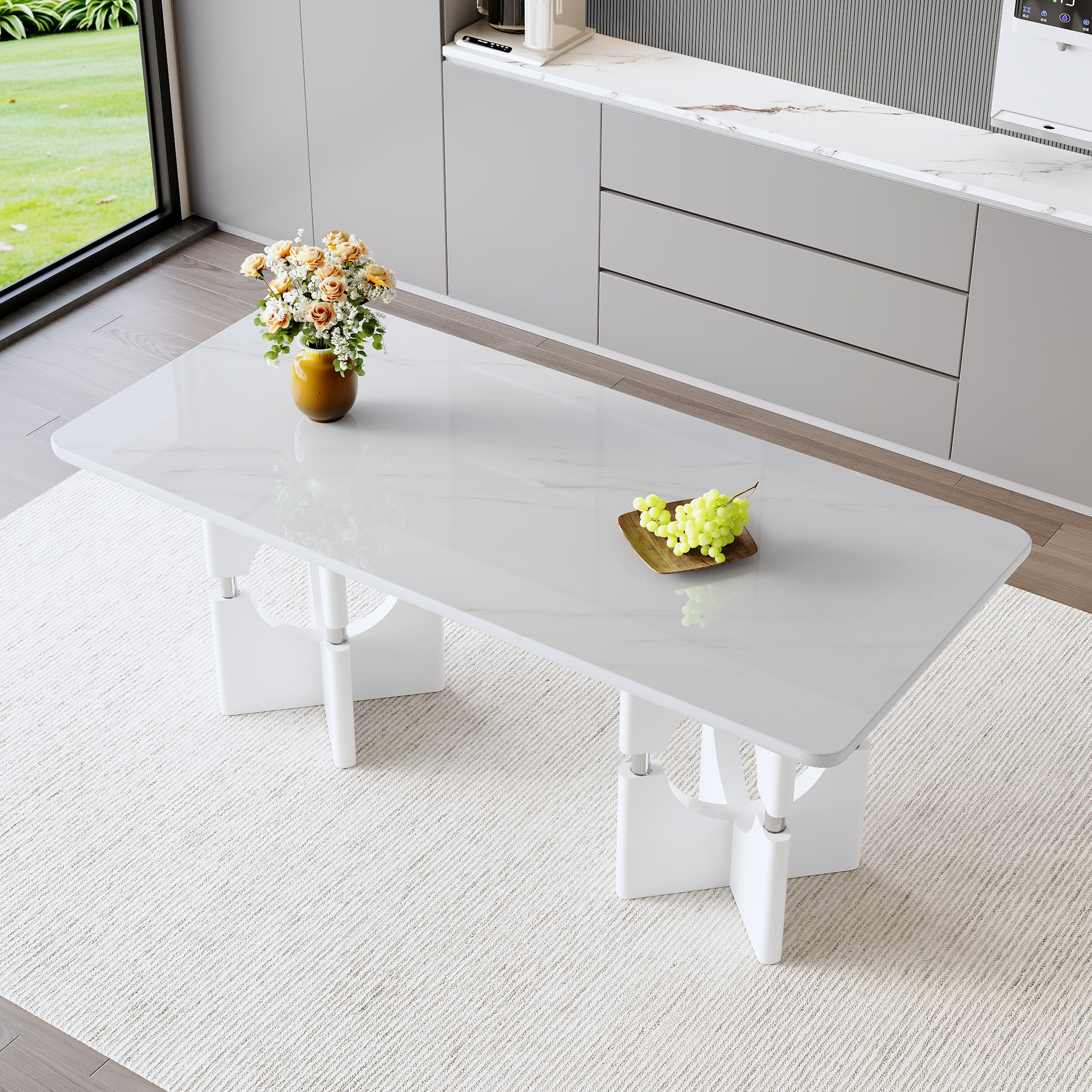 Table salle à manger MDF, motif marbre blanc, cadre métal, petit espace