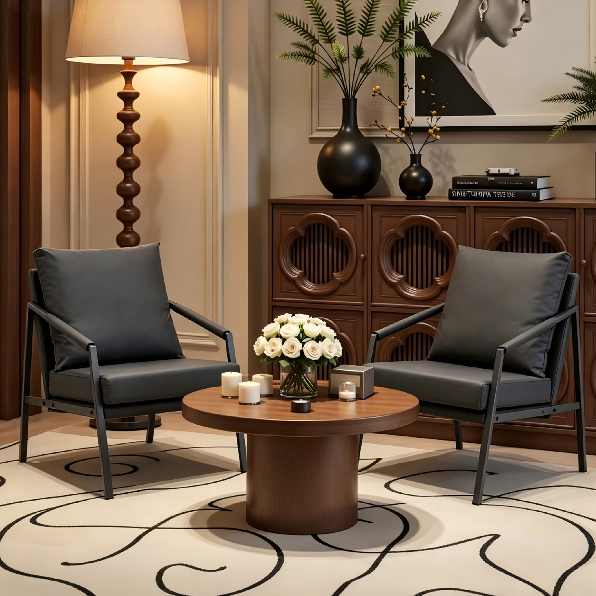 Fauteuil accent cuir synthétique noir, cadre métal industriel