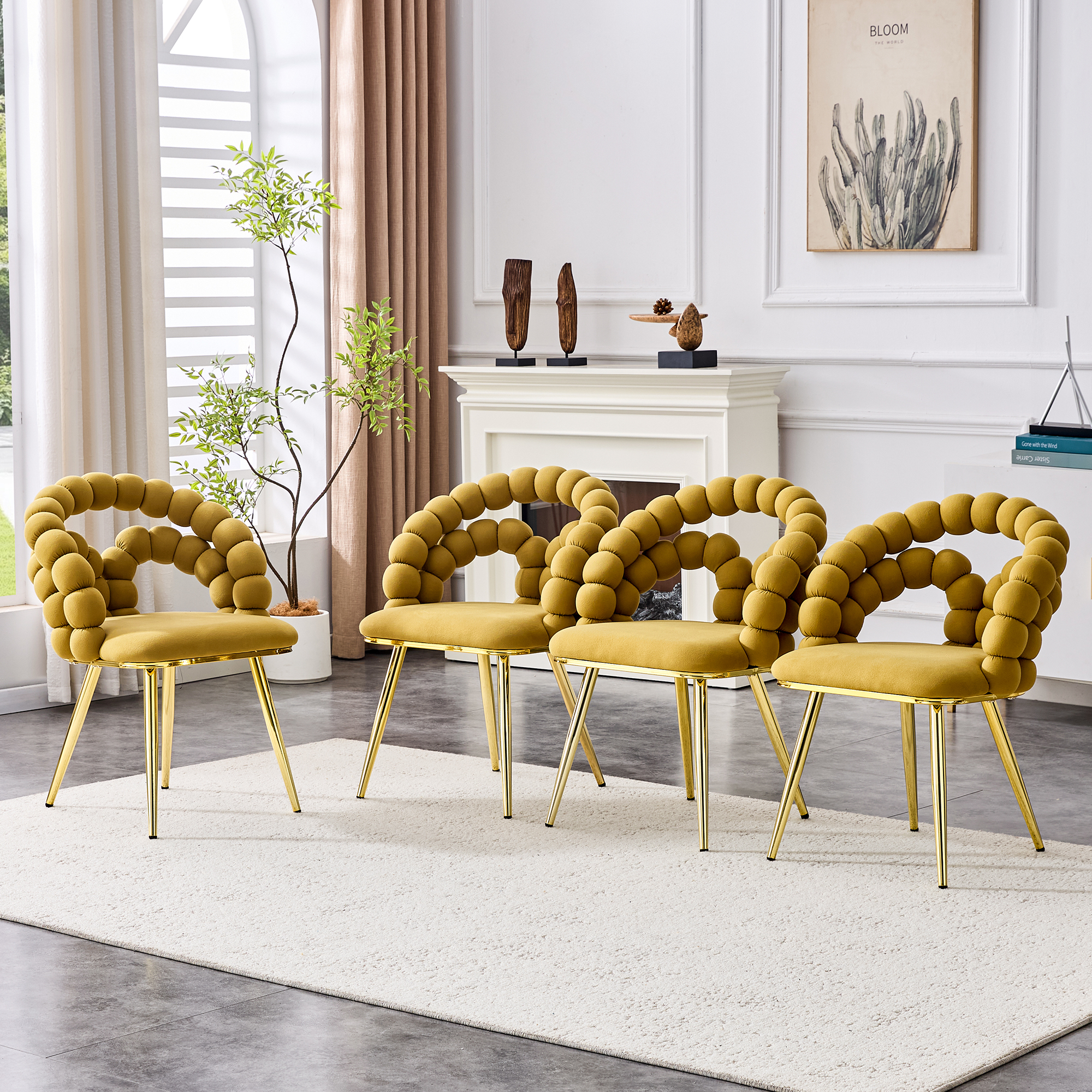 4 chaises salle à manger velours jaune, pieds dorés, modernes