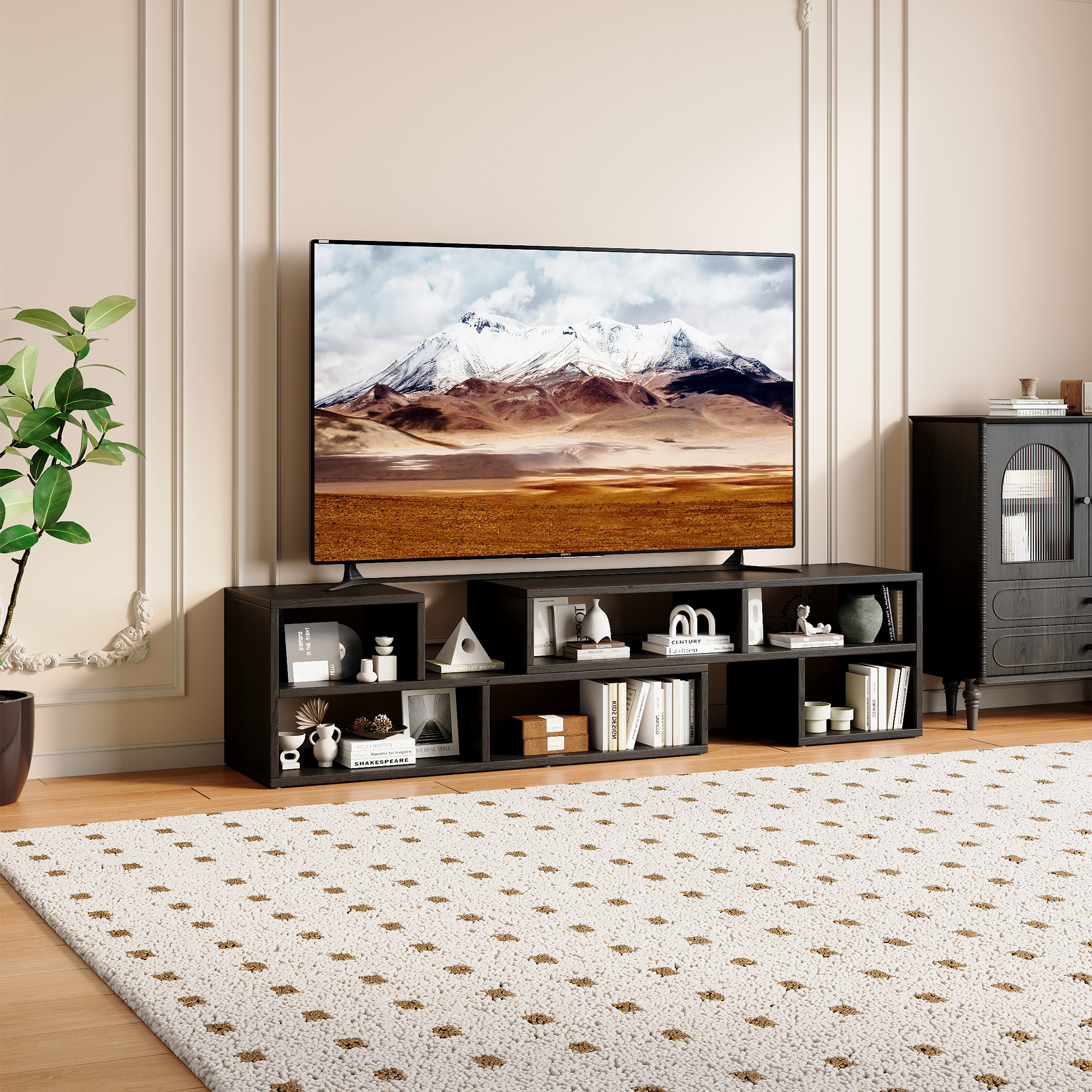 Meuble TV modulable noir console rangement ouvert multifonction