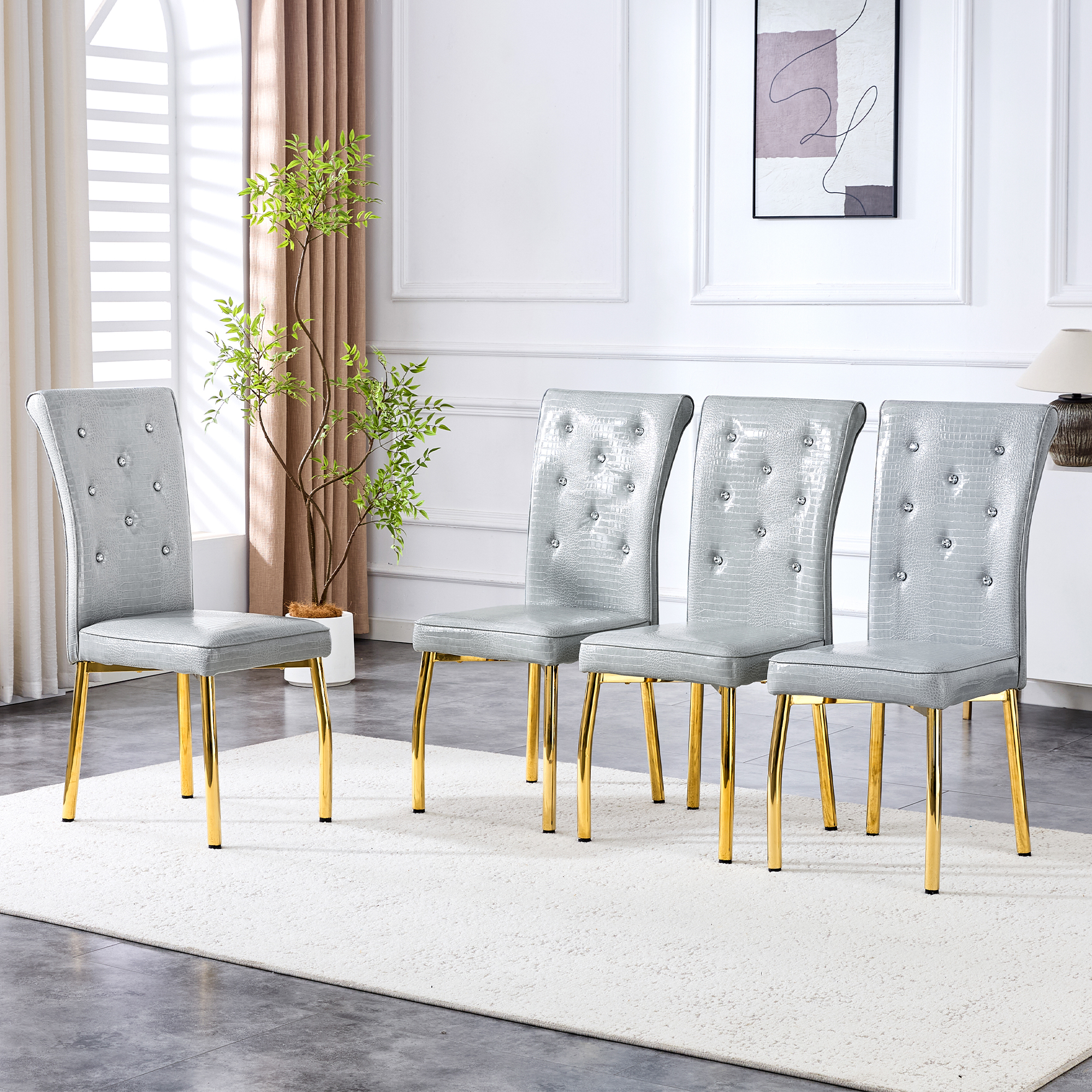 Ensemble 4 chaises salle à manger crocodile gris or cuir cristal