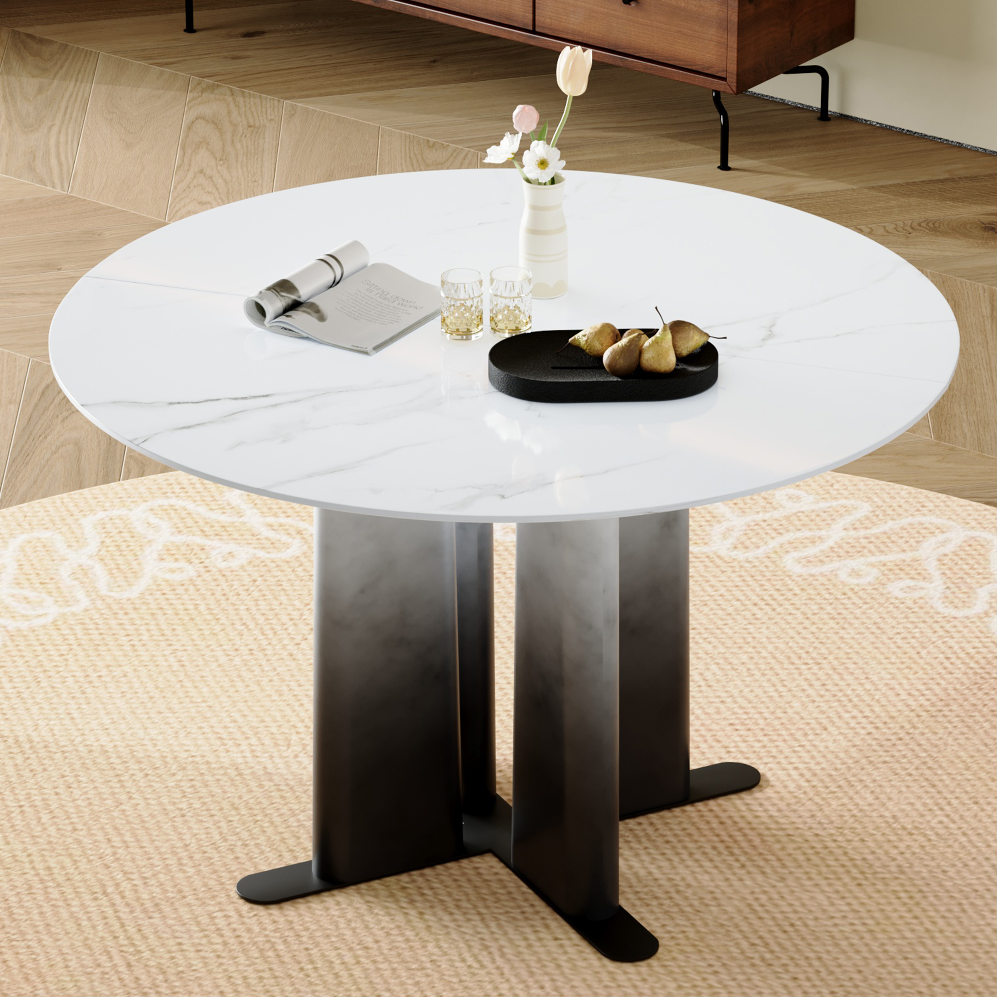 Table à manger marbre blanc MDF, pieds dégradé noir/blanc, 2-4 personnes