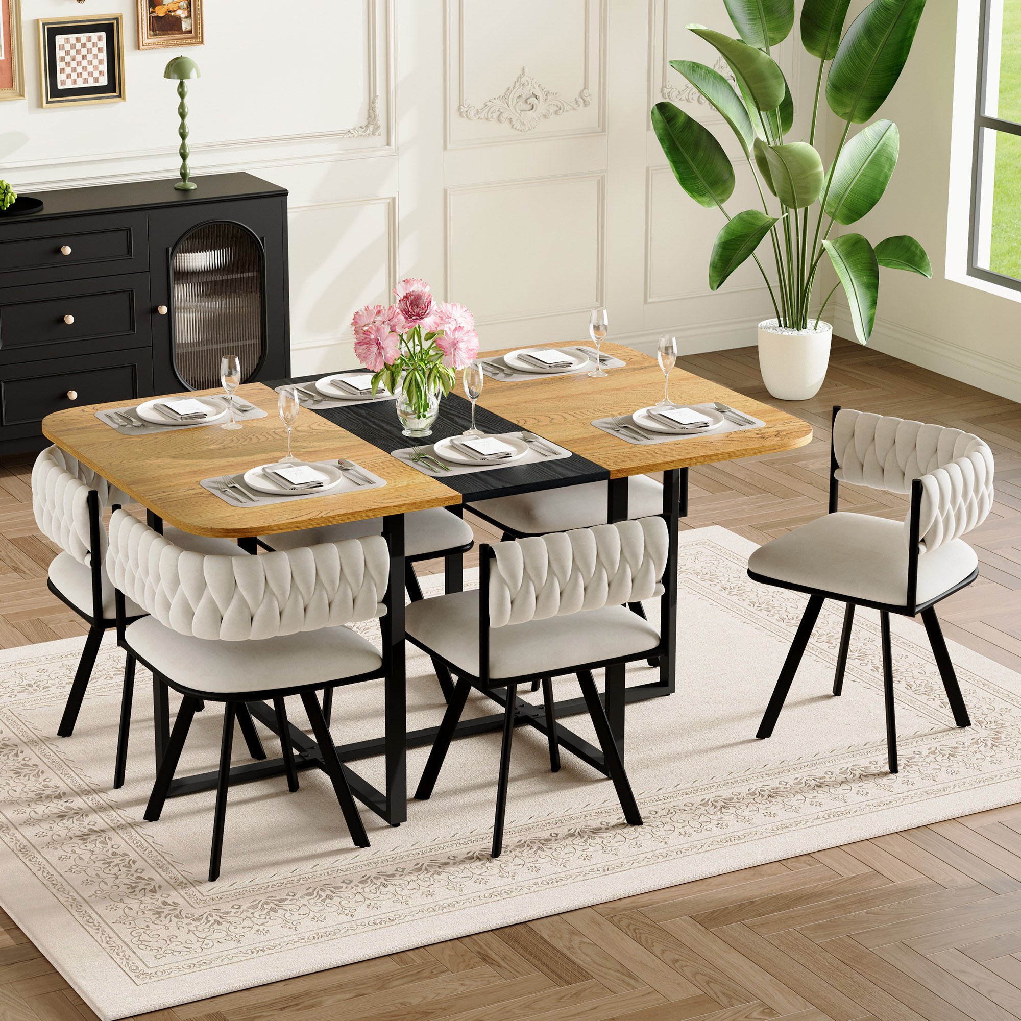 Ensemble table salle manger 7 pièces, 6 chaises beige