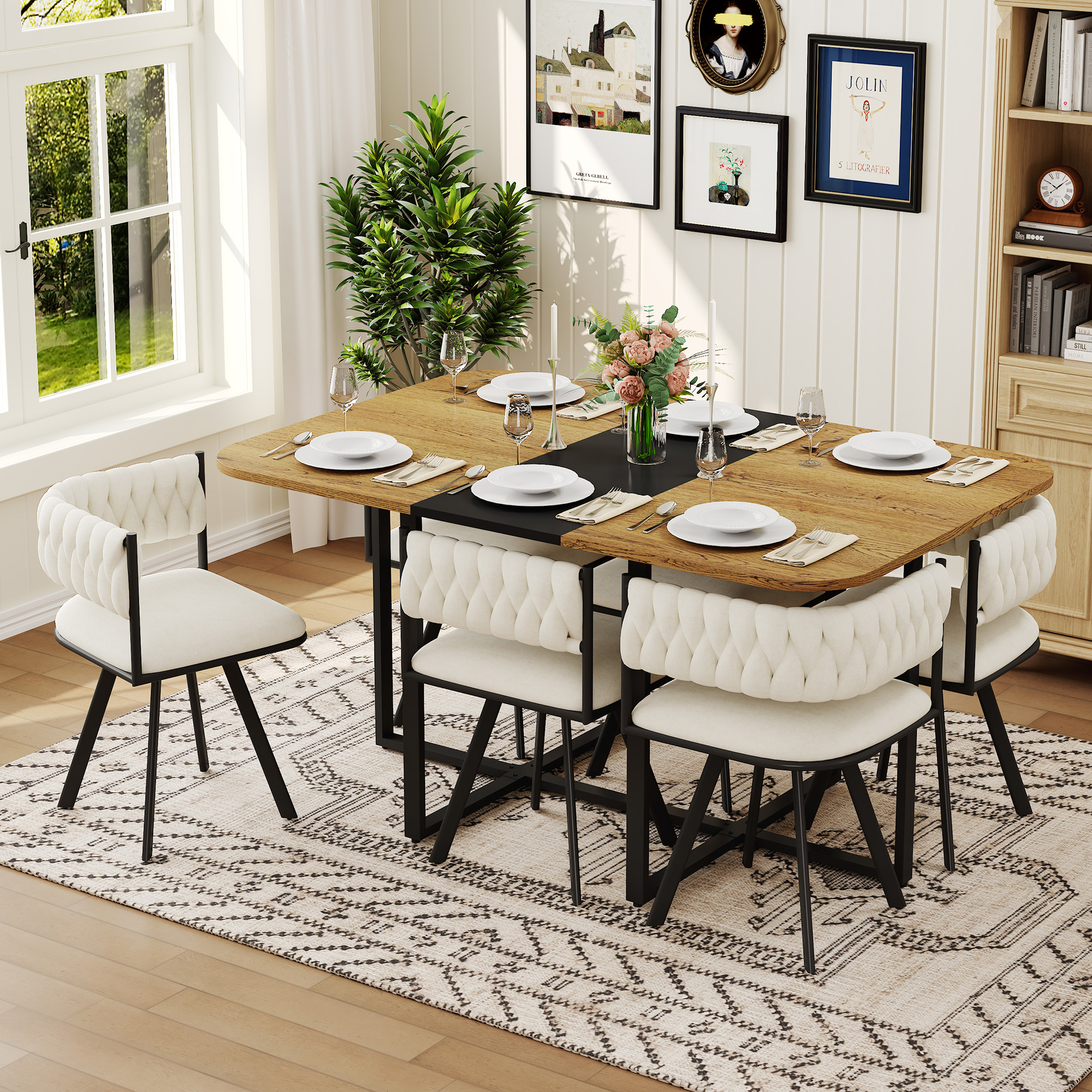 Ensemble table salle à manger 7 mcx 6 chaises velours beige noir