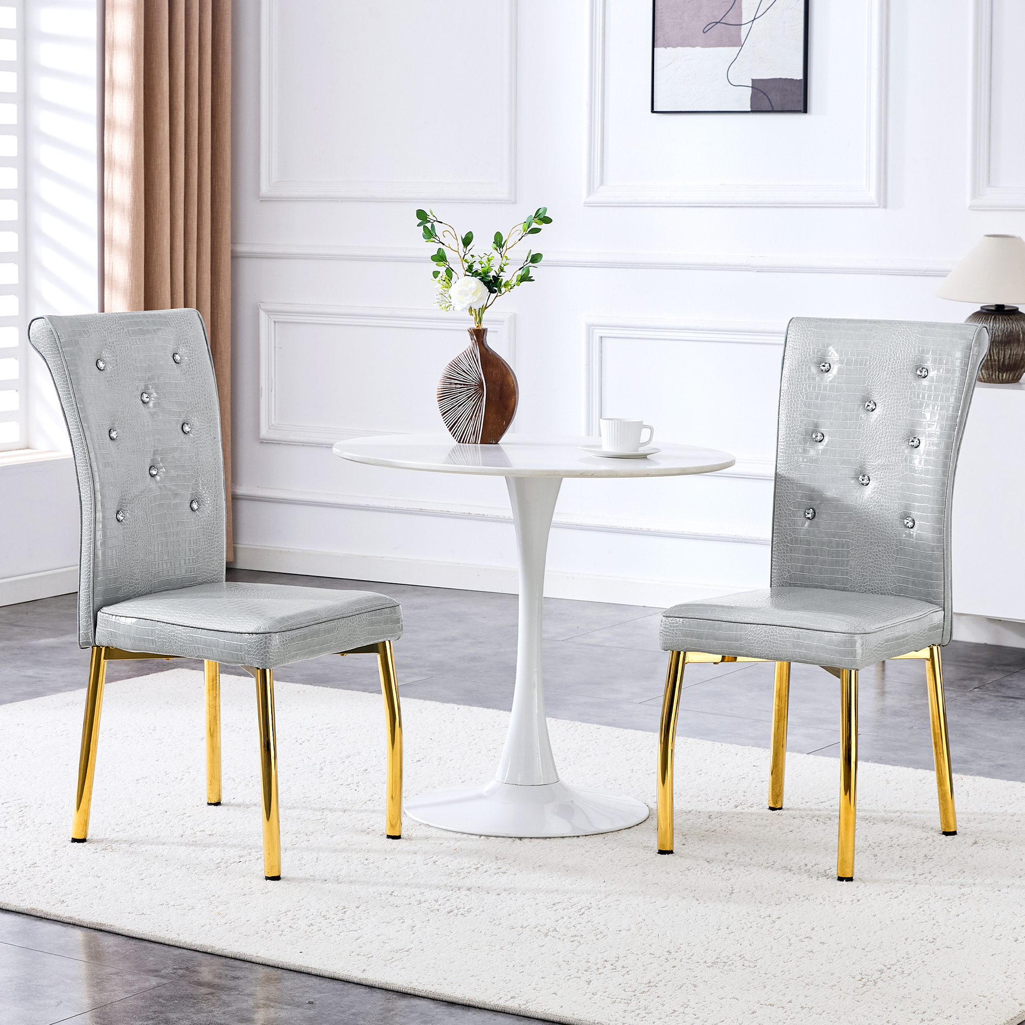 Ensemble 2 chaises salle à manger, cuir crocodile, gris or élégant