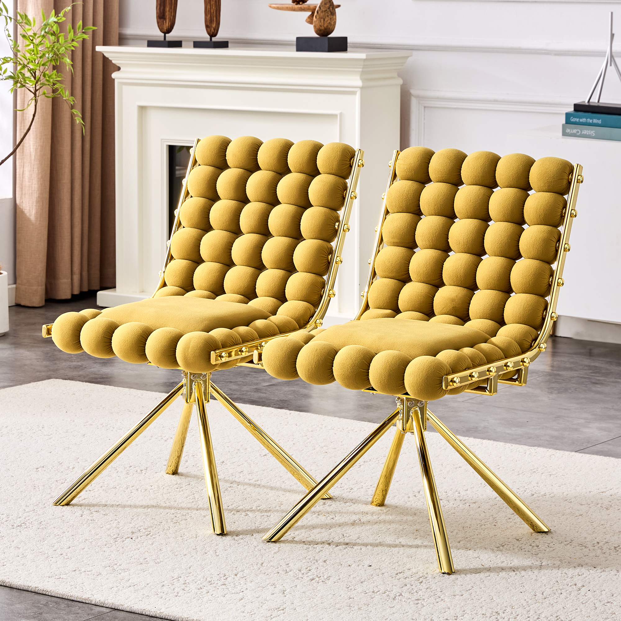 Ensemble 2 chaises bulles jaunes chaîne boules velours jambes dorées