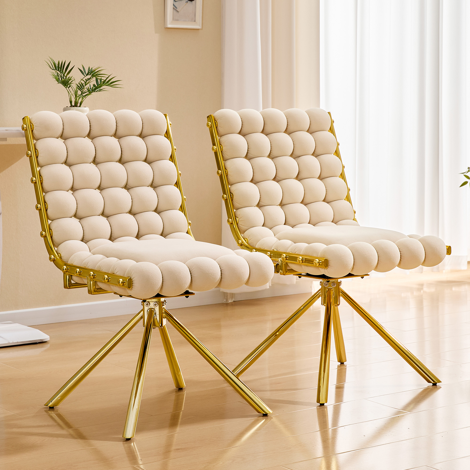 2 Fauteuils Accent Velours Beige Pivotant Cadre Or