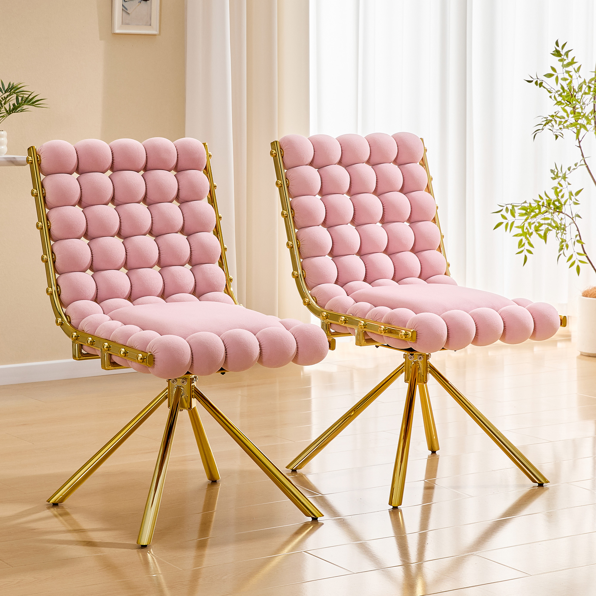 2 Chaises accent velours rose capitonné jambes or