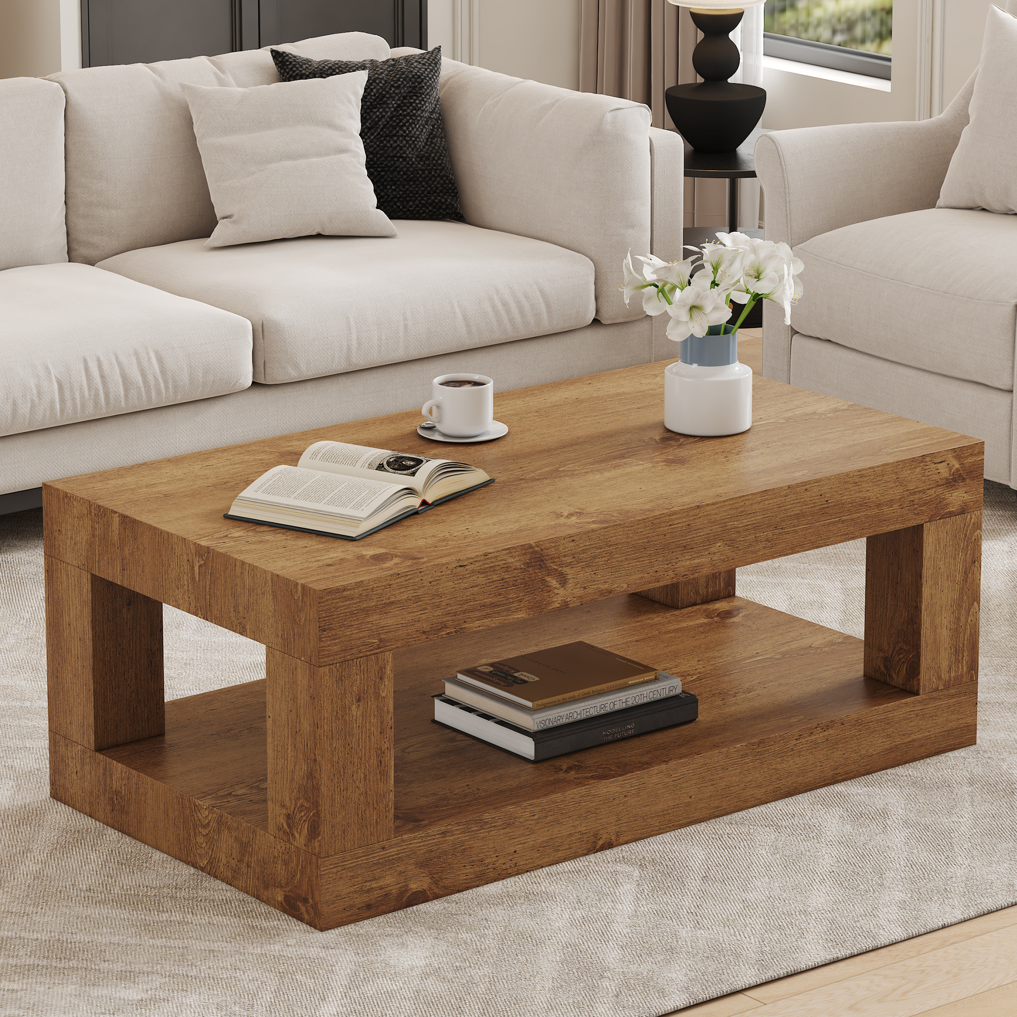 Table basse 2 étages moderne, étagère ouverte, MDF
