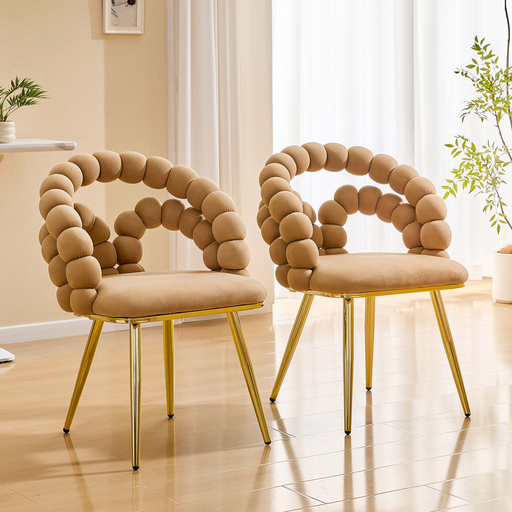 Ensemble de 2 chaises de salle à manger velours moderne dos bulle, brun et or