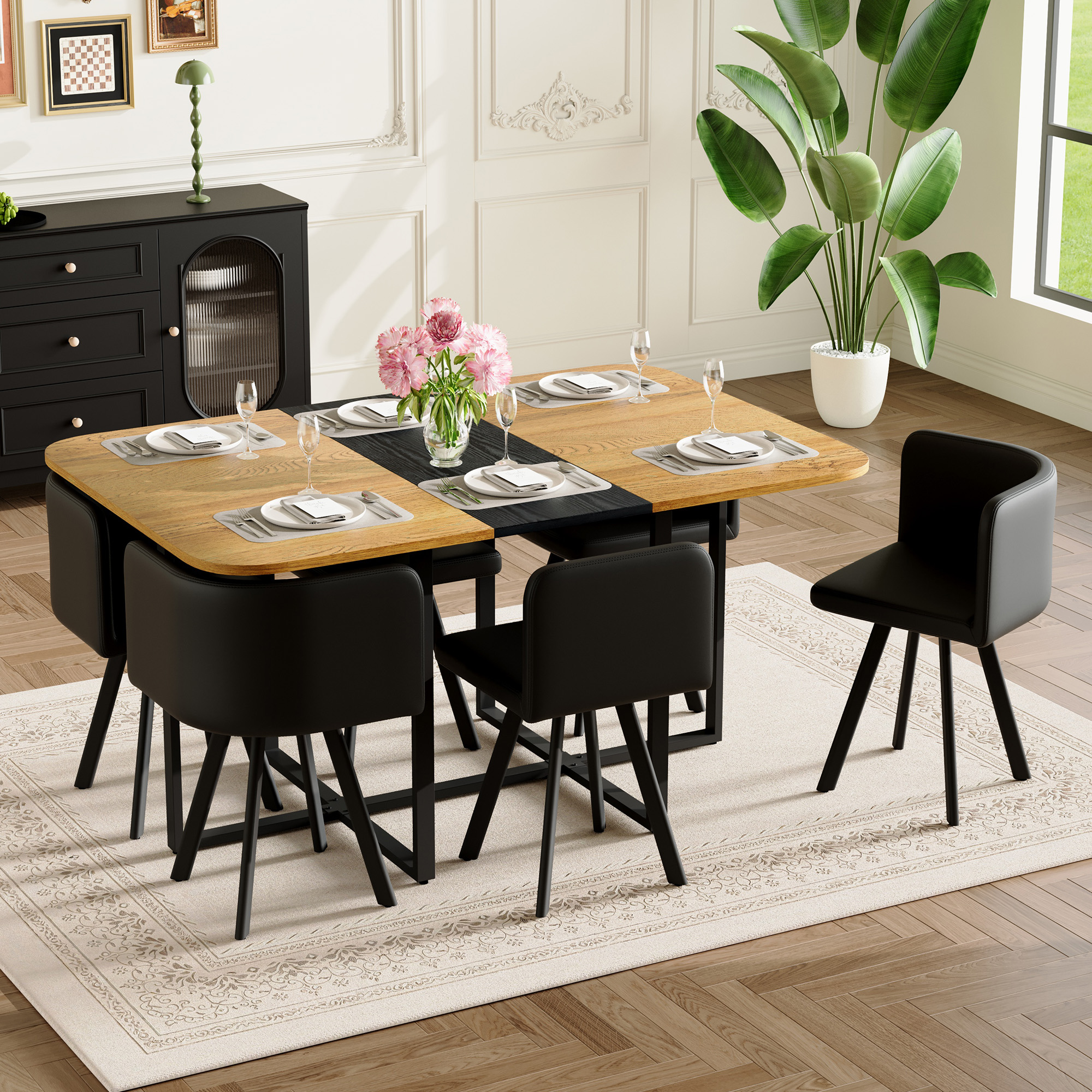 Ensemble salle à manger 7 pièces, 6 chaises cuir noir