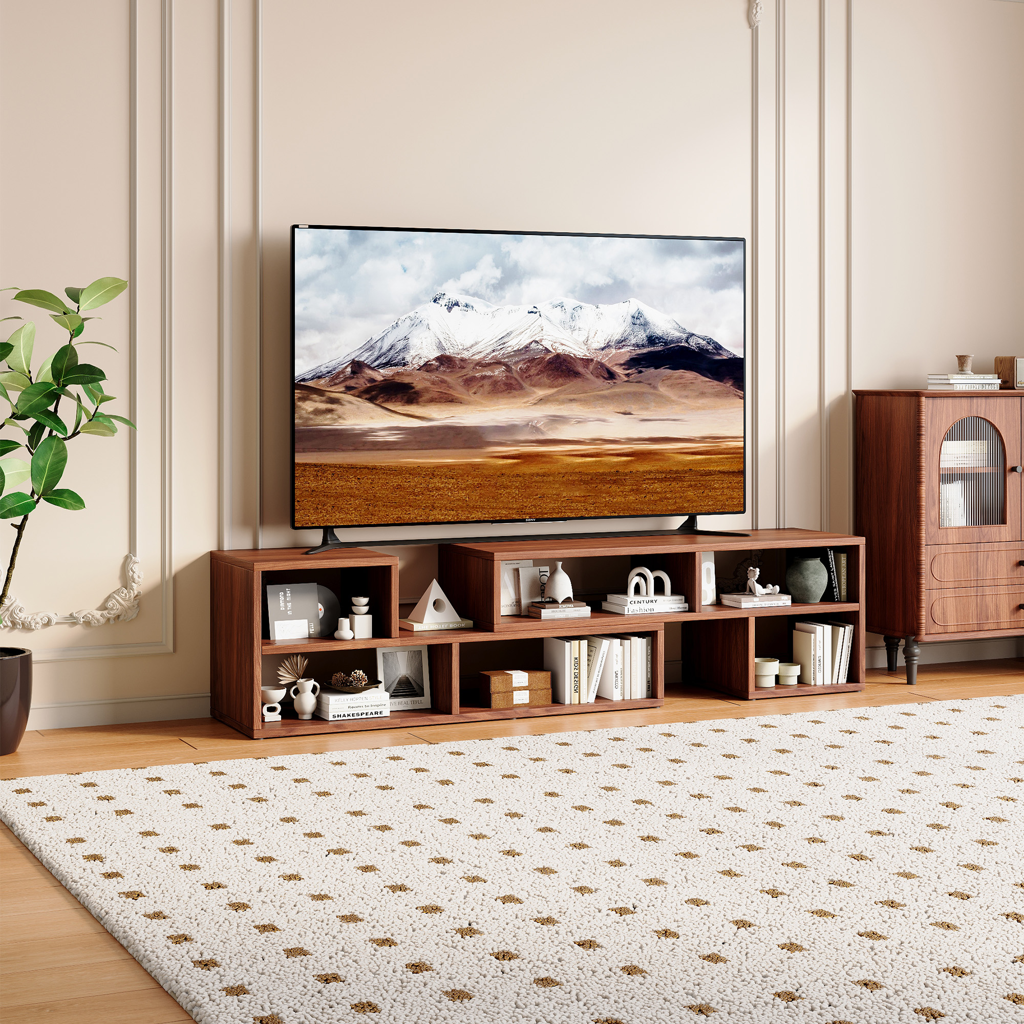 Meuble TV modulaire noyer - Rangement ouvert, centre divertissement