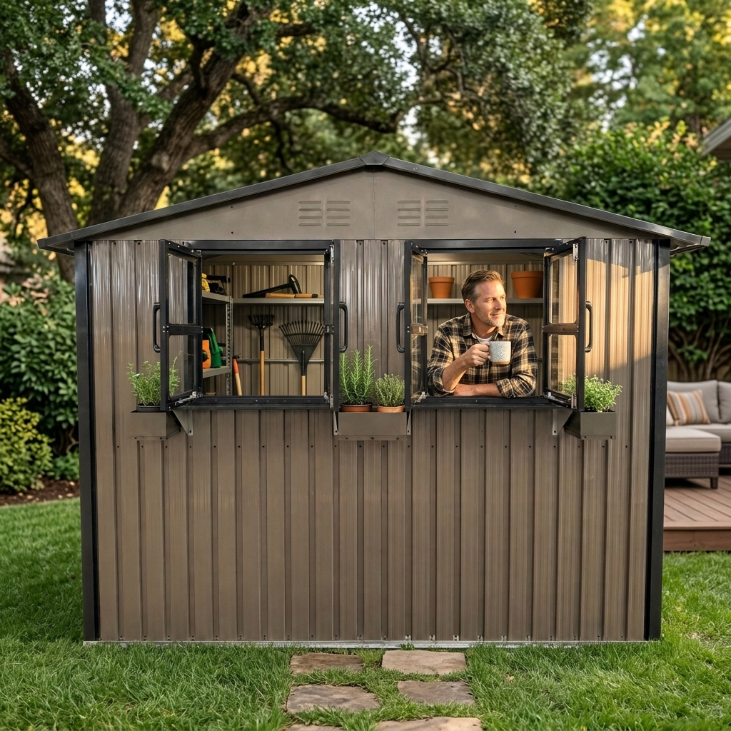 Remise jardin métal 9x6 pi fenêtre portes brun noir