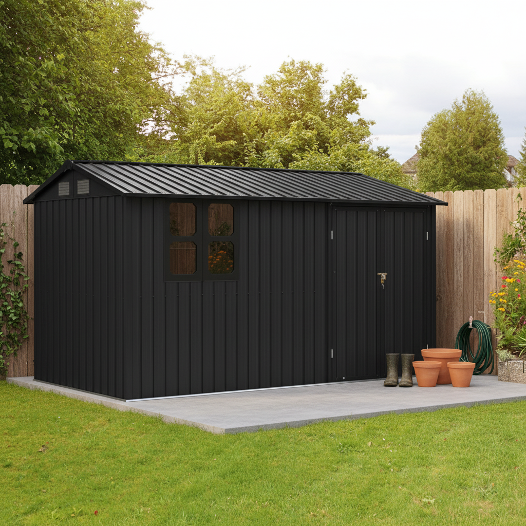 Remise métal 12x10 pi noir fenêtre tablettes rangement