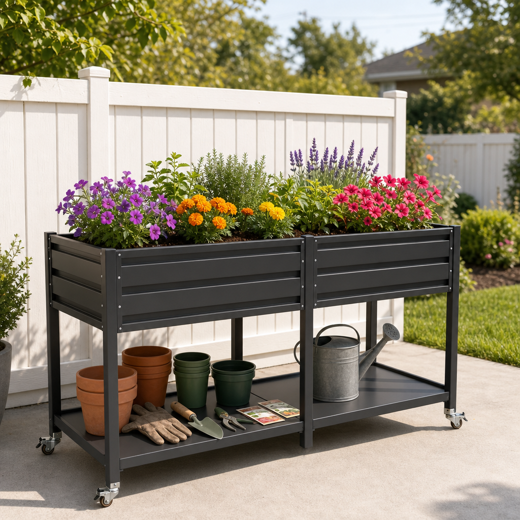 Jardinière surélevée métal 2 étages roues, rangement bas, grise