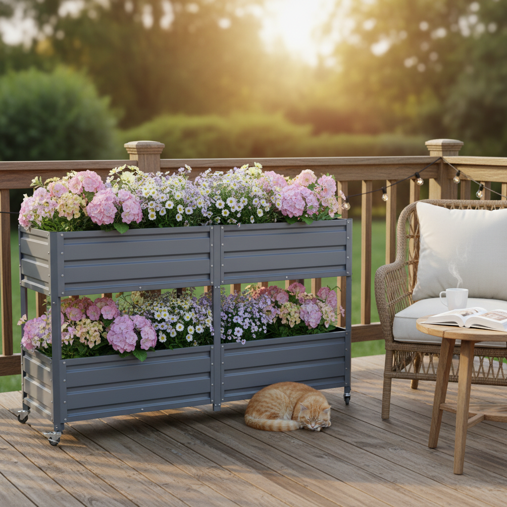 Jardinière surélevée métal 2 étages roues verrouillables, grise