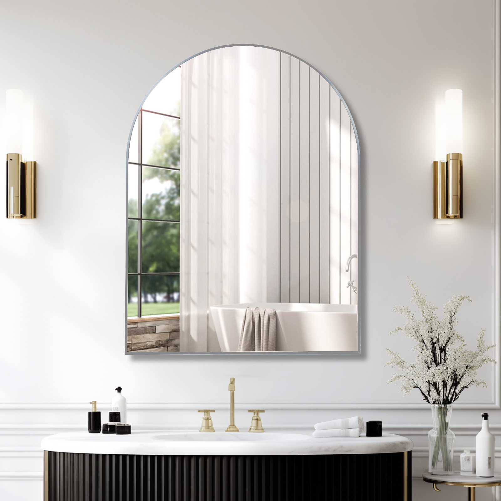 Miroir salle de bain 30x40" métal argenté arrondi