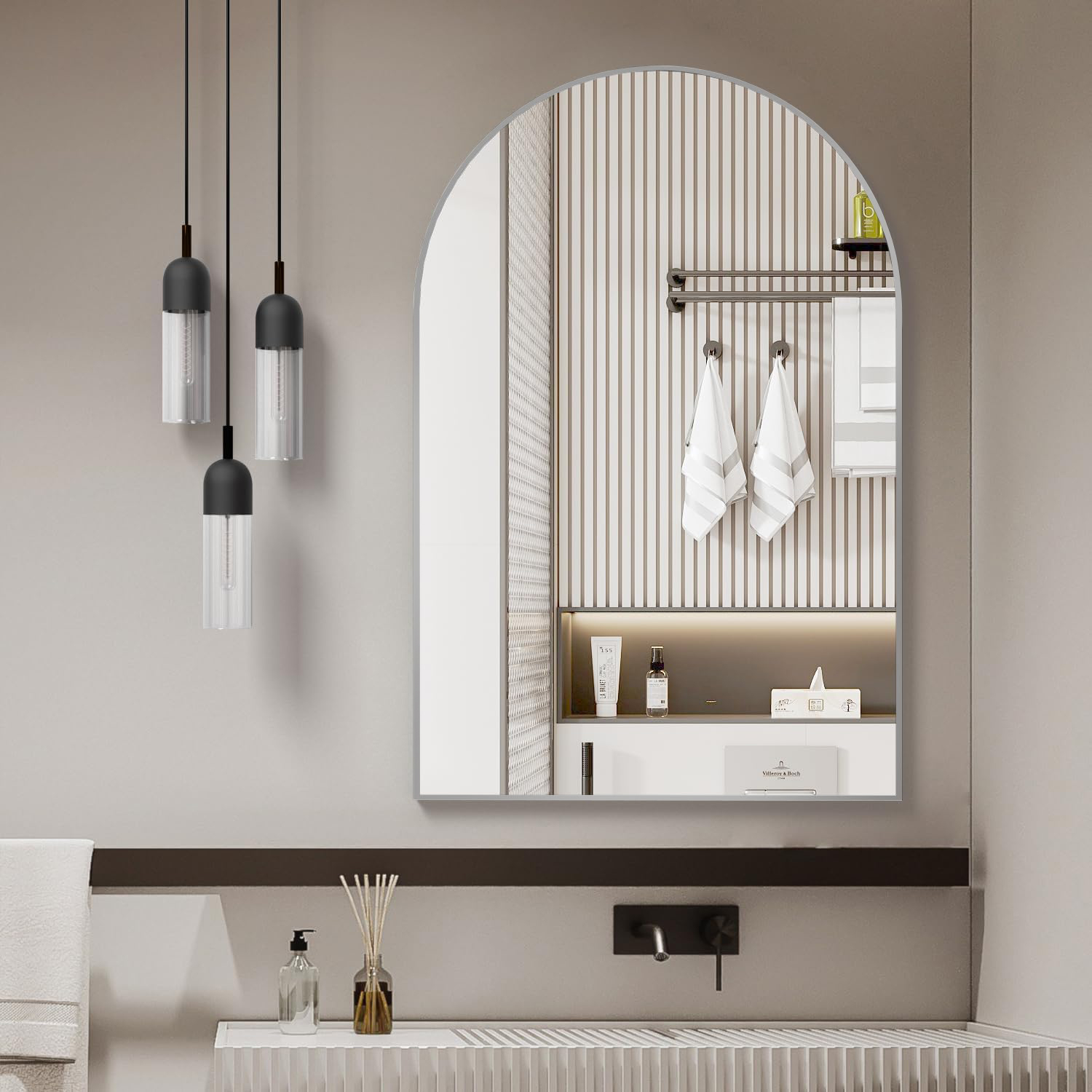 Miroir Salle Bain Arqué Argent 24x32 po Mur