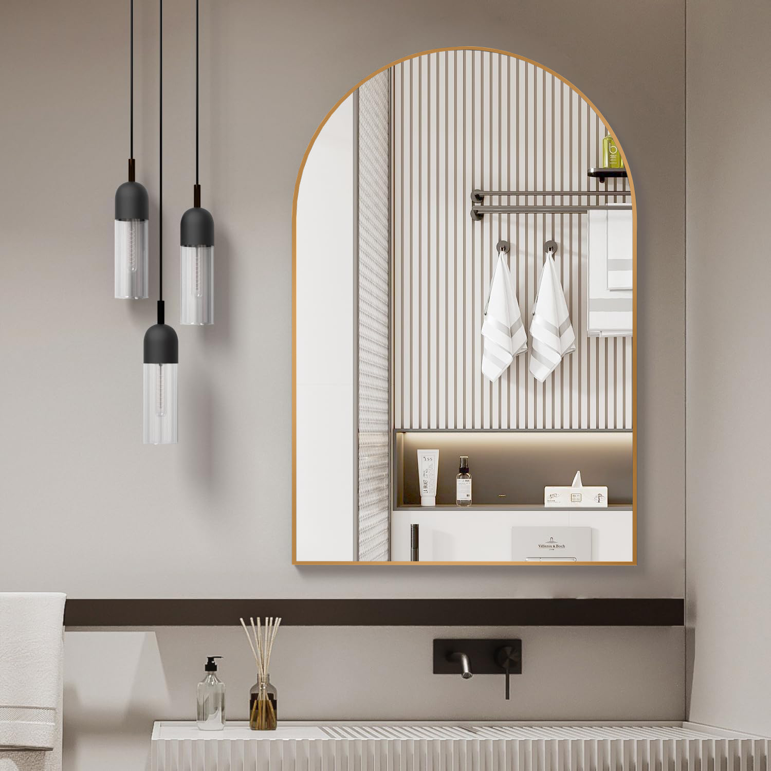Miroir Salle Bain Arqué Or 24x32 po Mur