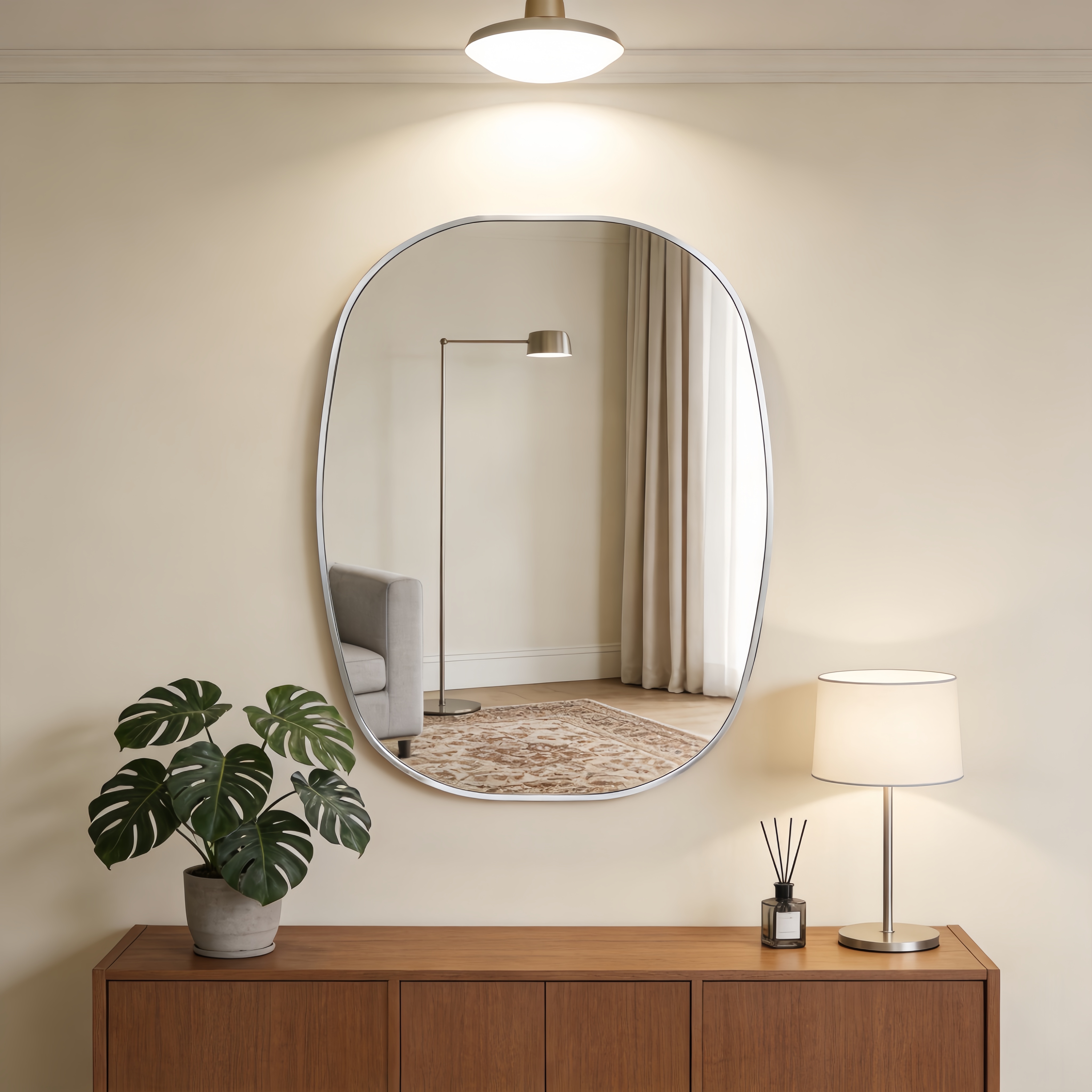 Miroir vanité salle bain argent 24x32po, cadre métal ovale