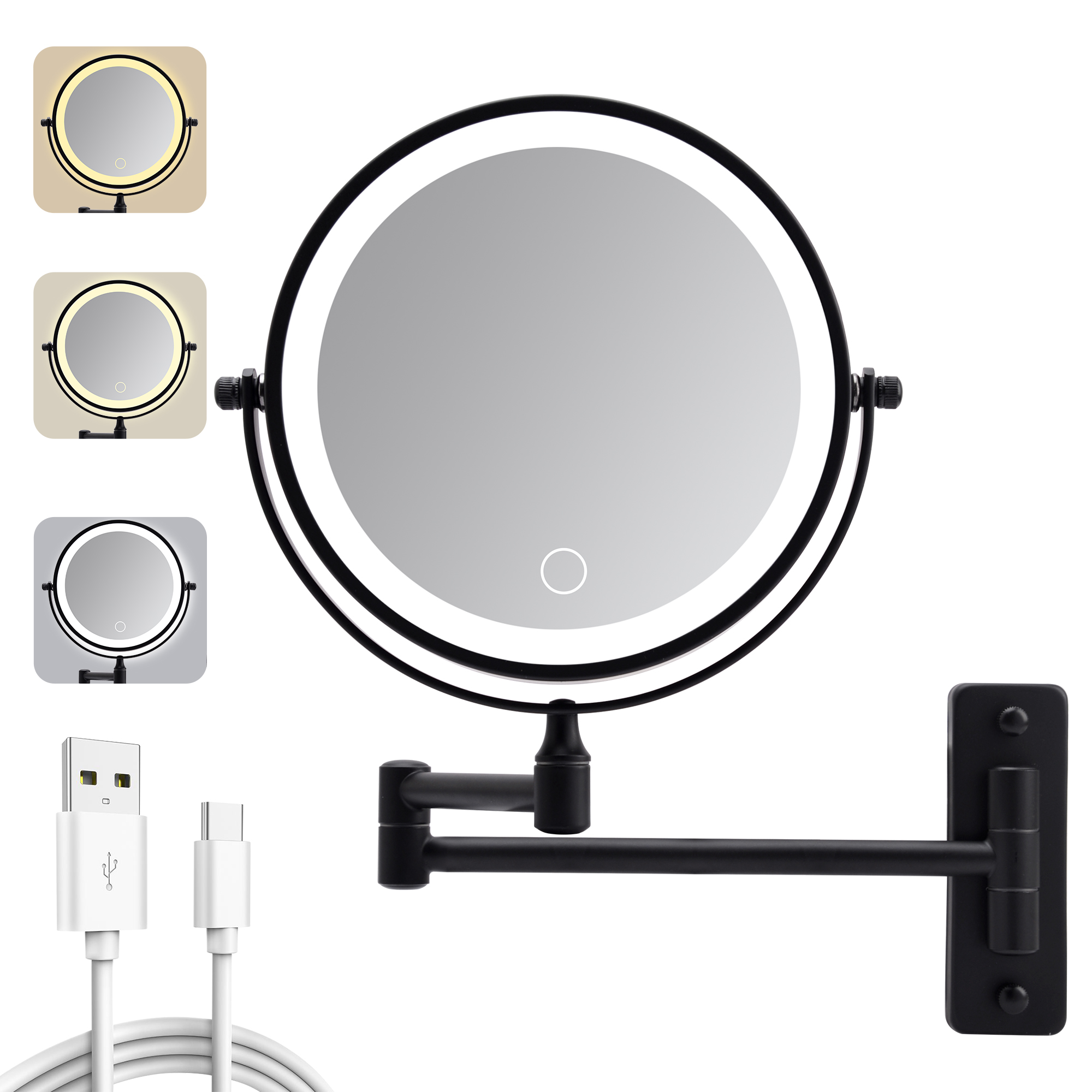 Miroir de maquillage mural lumineux 10X/1X rechargeable, 3 couleurs