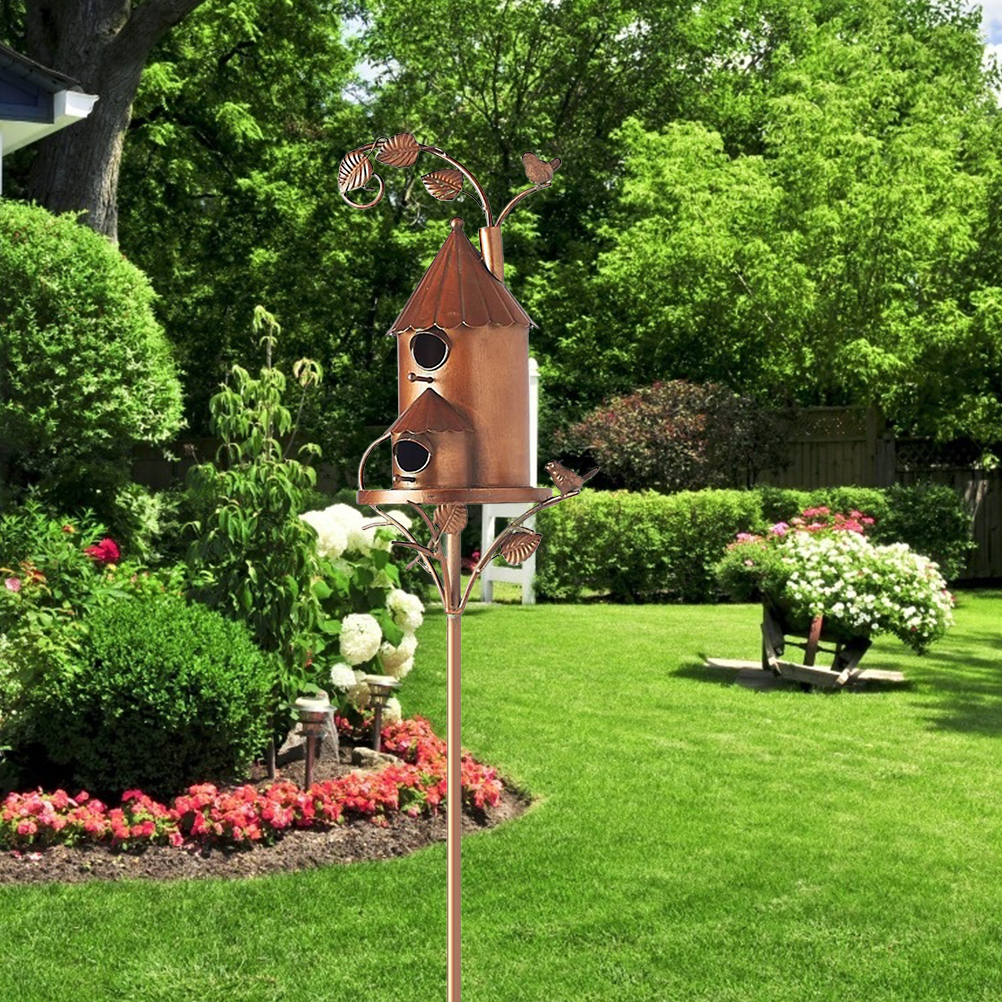 Maison oiseaux métal avec poteau décor jardin
