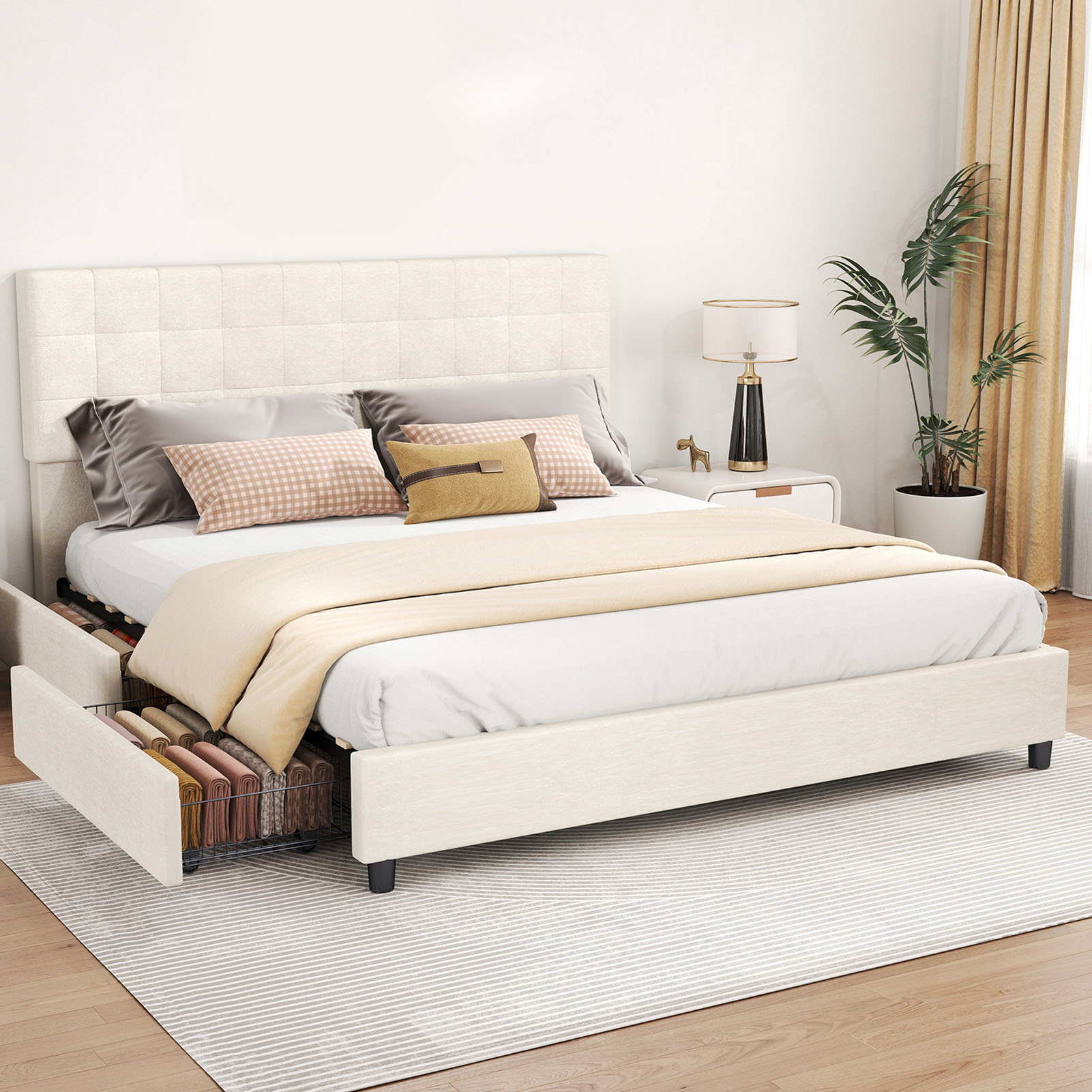Cadre lit tête matelassée 4 tiroirs rangement, bois