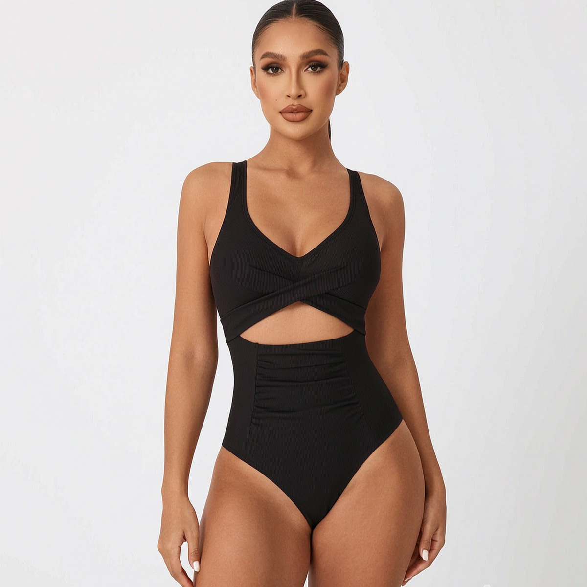 Maillot femme côtelé découpe croisée, contrôle ventre, taille haute