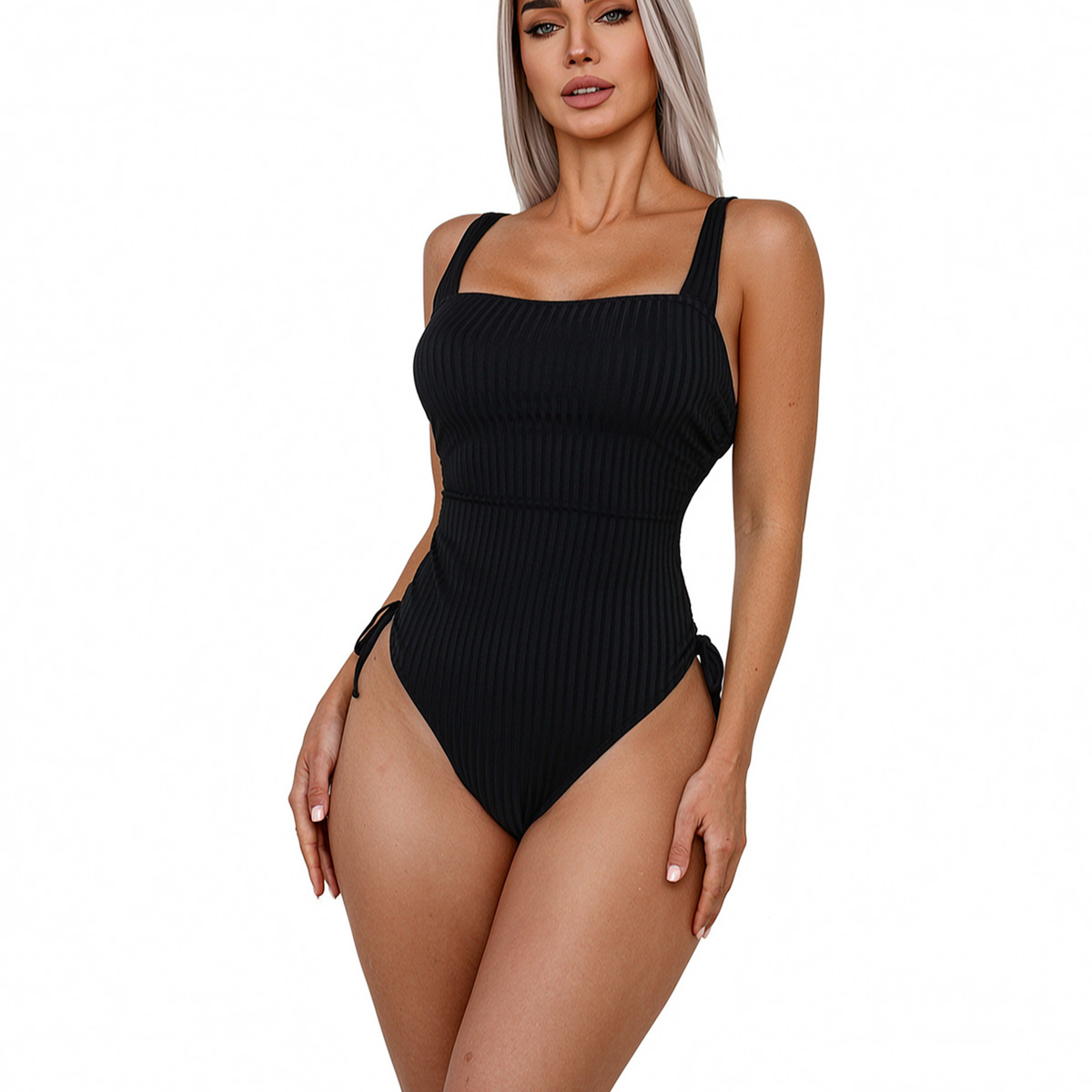 Maillot femme côtelé encolure carrée, taille haute, noué côté, noir