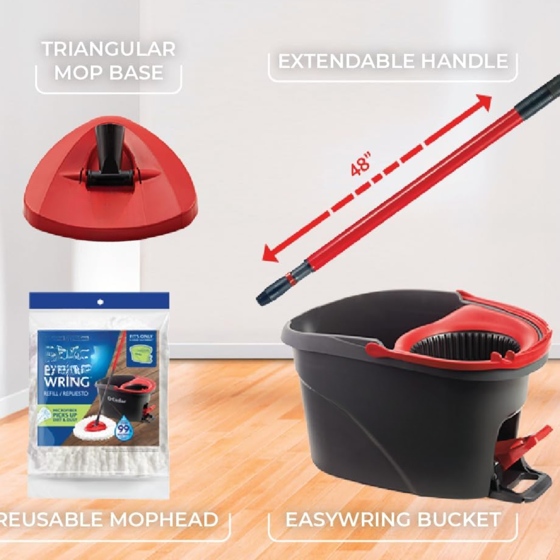 EasyWring Balai à franges magnétique, seau tordeur, rouge gris