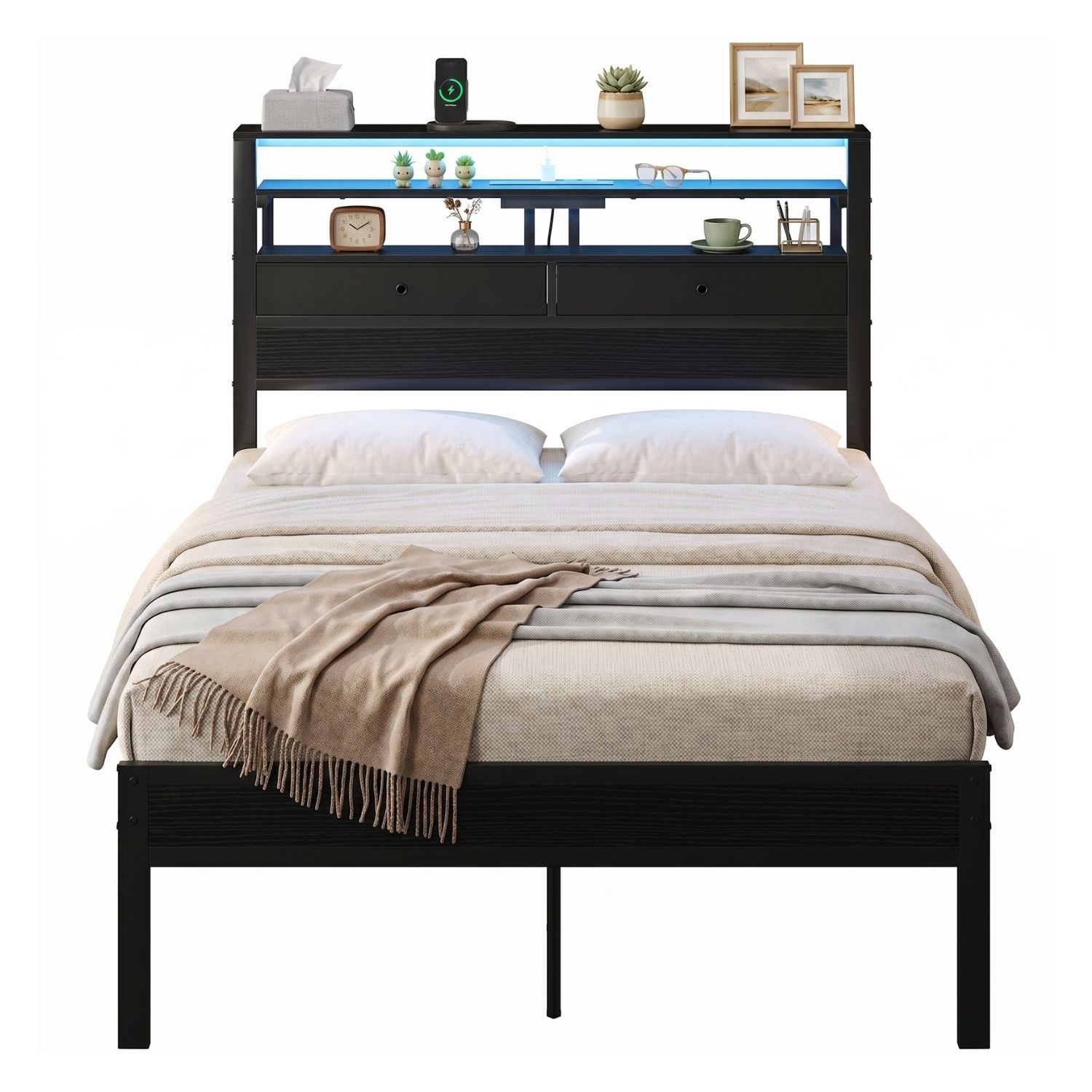 Cadre lit grand, station de recharge, DEL, 2 tiroirs tissus, tablettes rangement