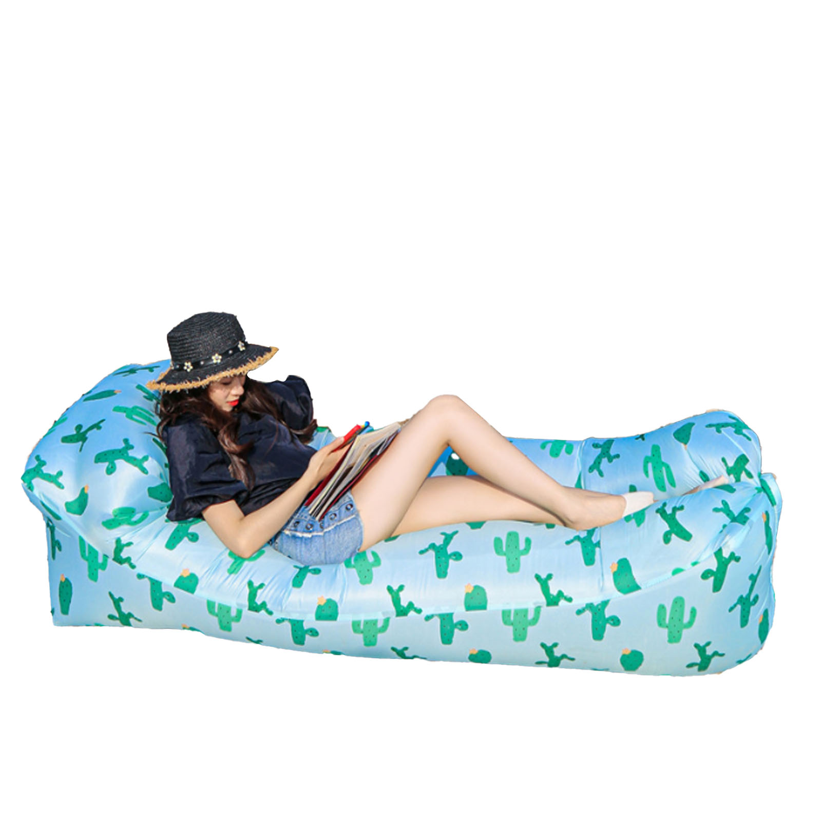 Chaise air gonflable pliable, polyester, 180x80 cm, cactus