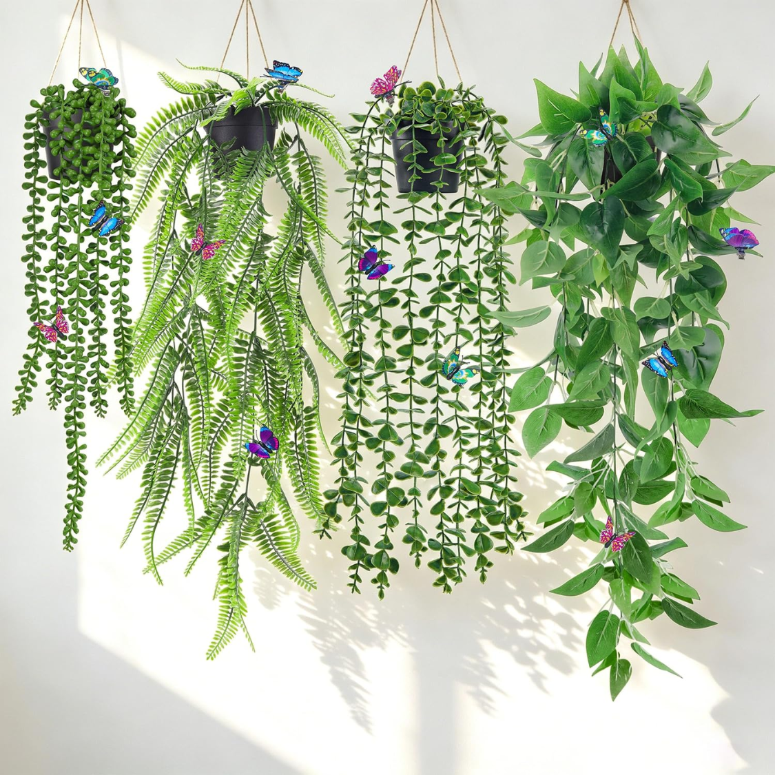 Plantes suspendues artificielles papillons, eucalyptus lierre, décor mur