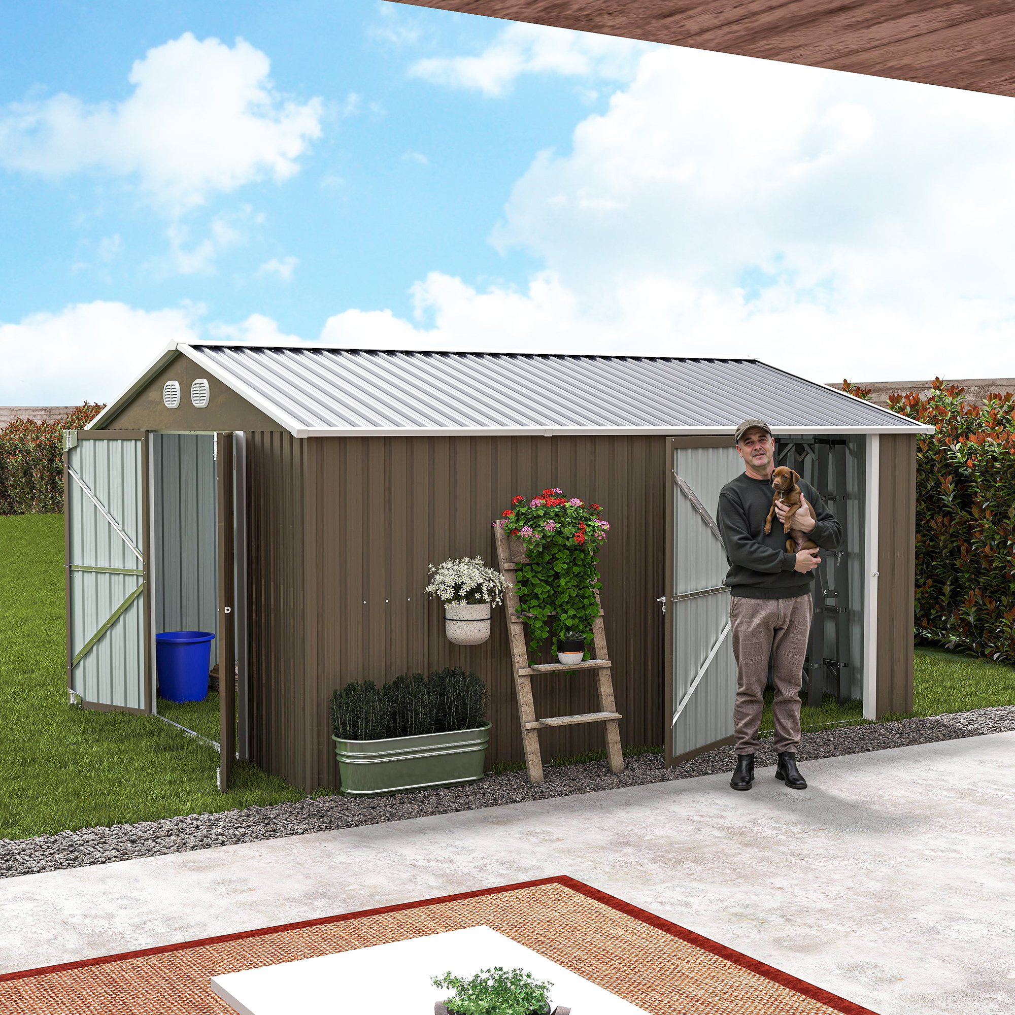 Remise métal extérieur 10x12 pi brun, porte verrouillable