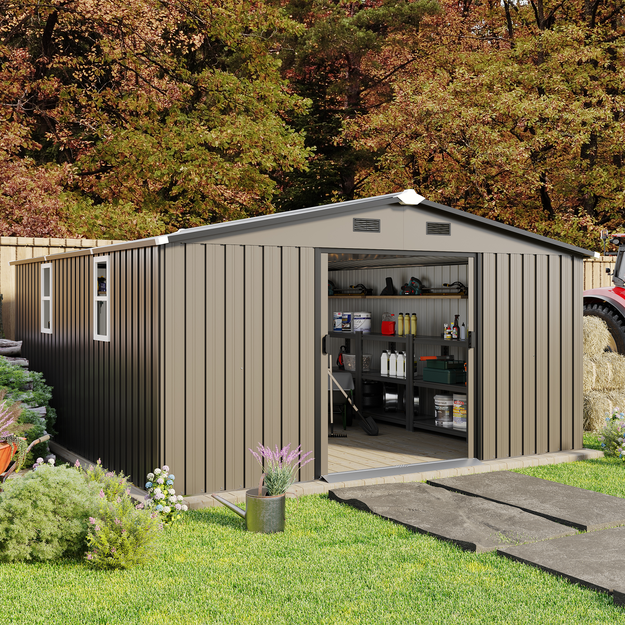 Remise rangement Campcraft 10x12pi acier 2 fenêtres