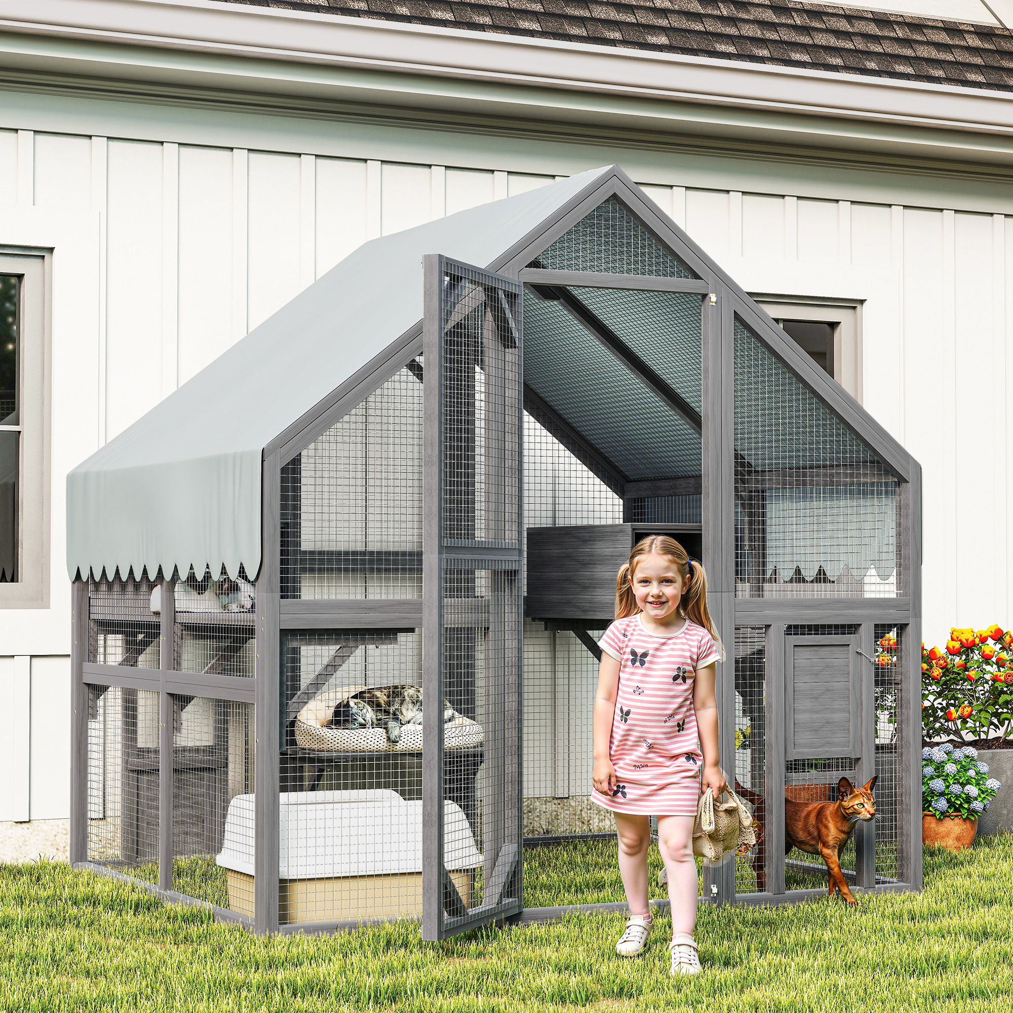 Enclos chat extérieur bois, 74x55x74po, imperméable UV