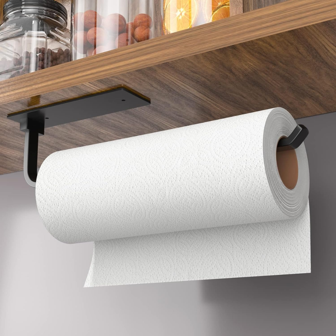 Porte-essuie-papier acier alu noir adhésif/perçage, sous armoire