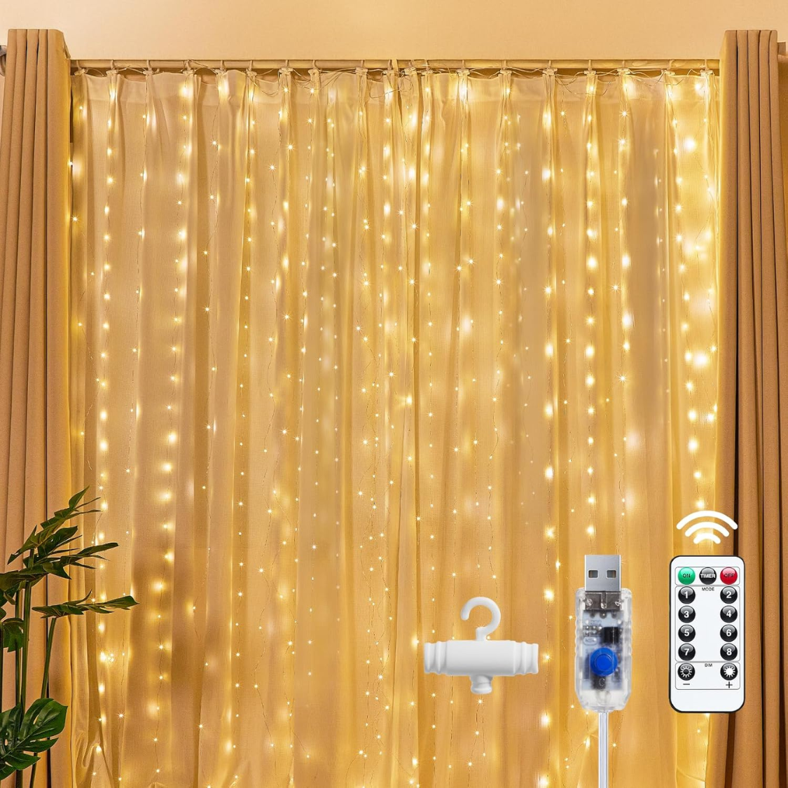 Guirlande rideau 300 LED blanc chaud USB 8 modes