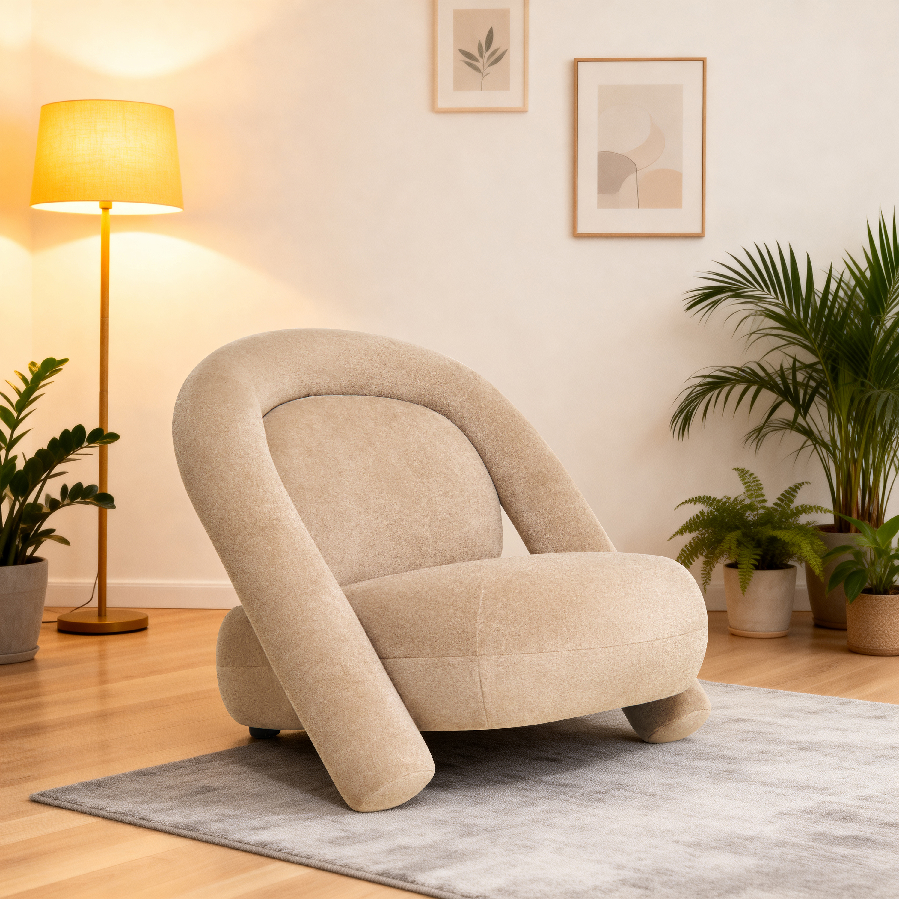 Fauteuil lounge velours 32 po, design spécial, beige foncé